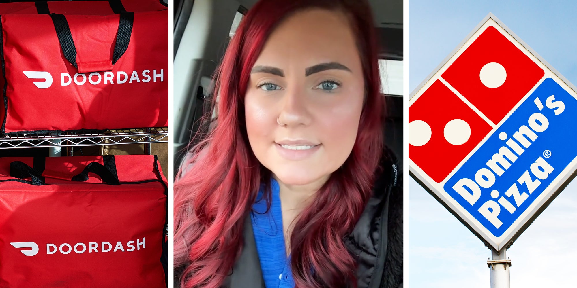 Doordash bags(l), Woman talking(c), Domino's Pizza sign(r)