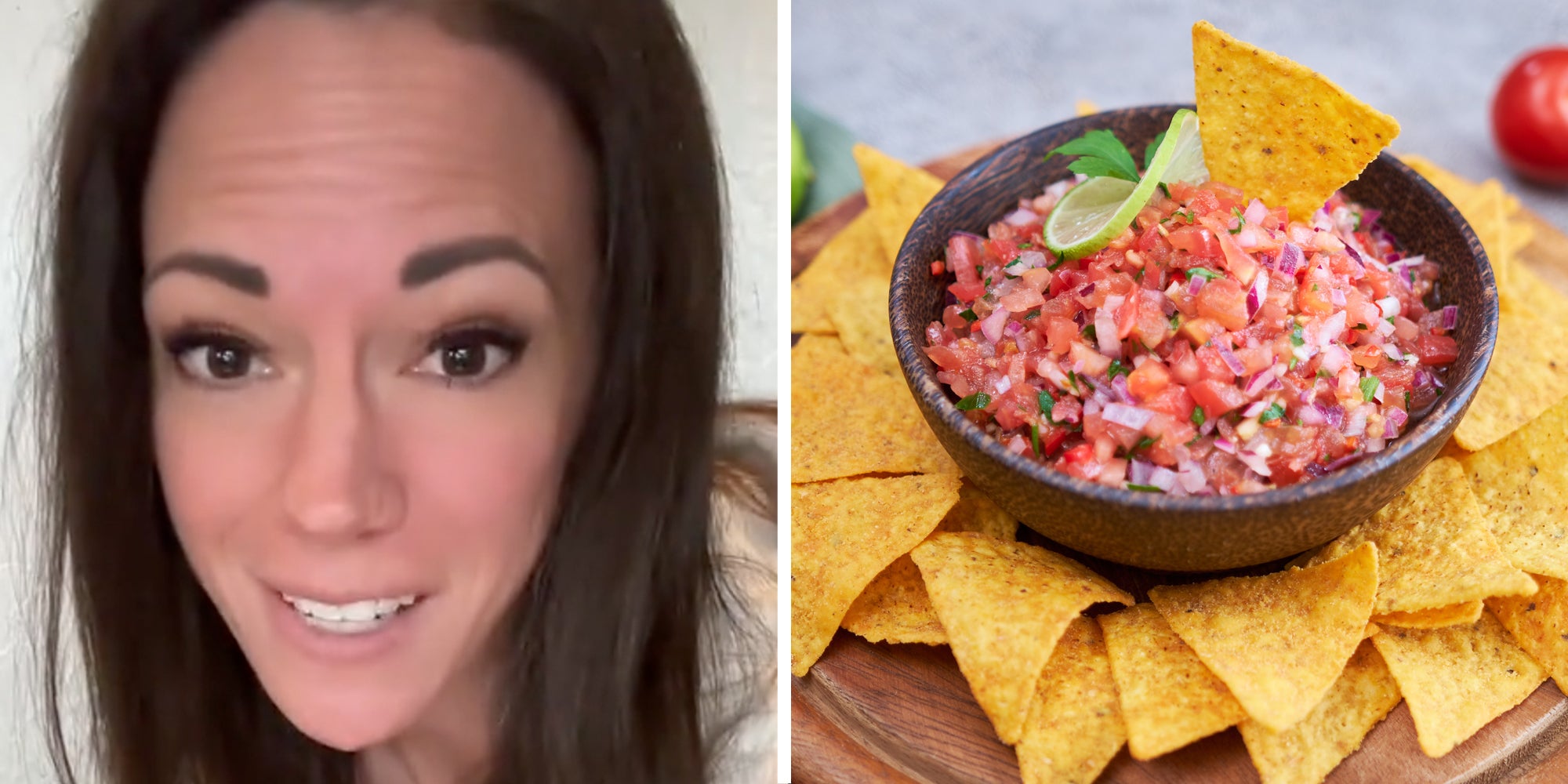 Woman talking(l), Chips and salsa(r)