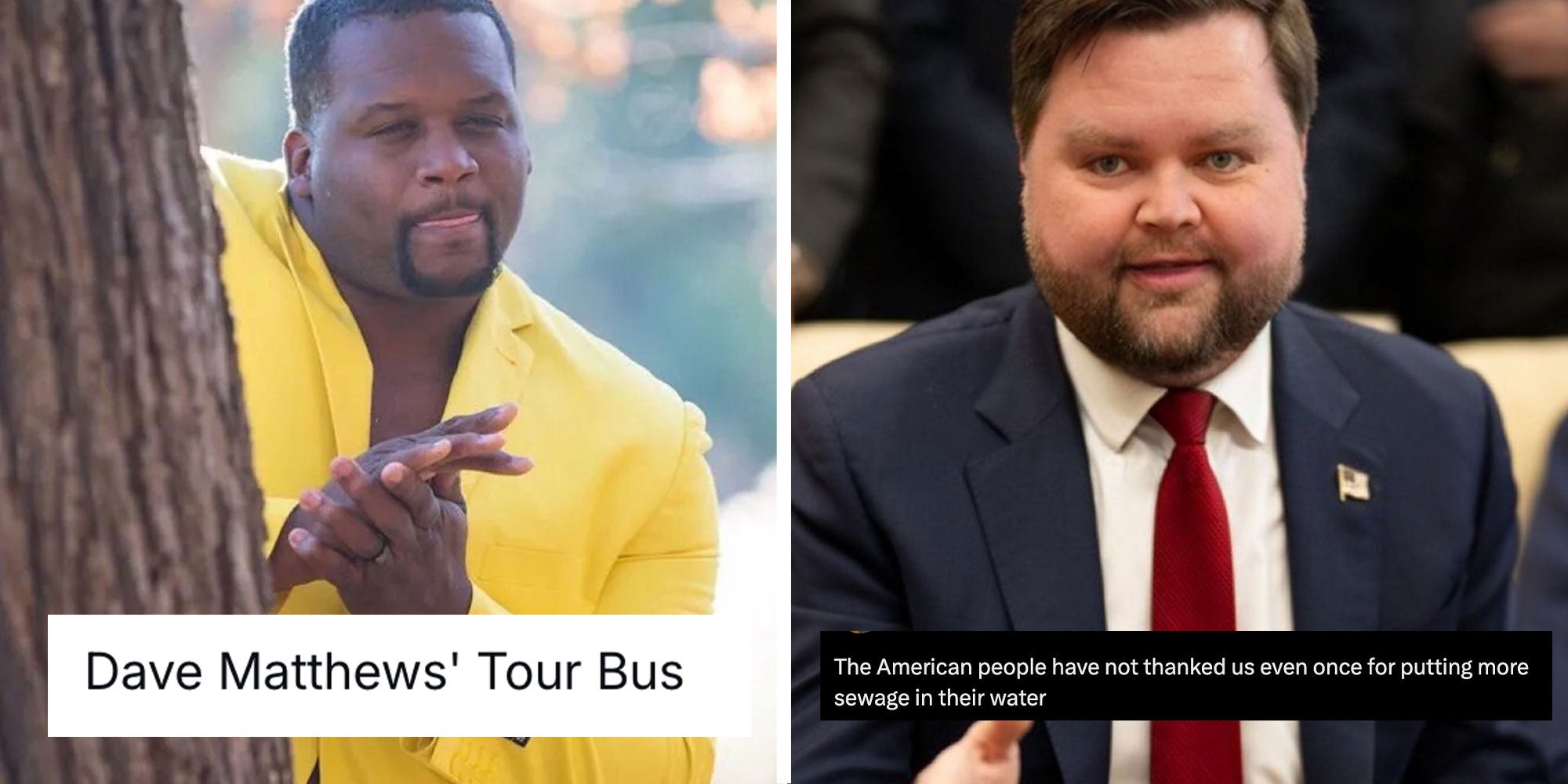 two panel design with a man looking from behind a tree, next to an image of a man looking upset with his hand out front