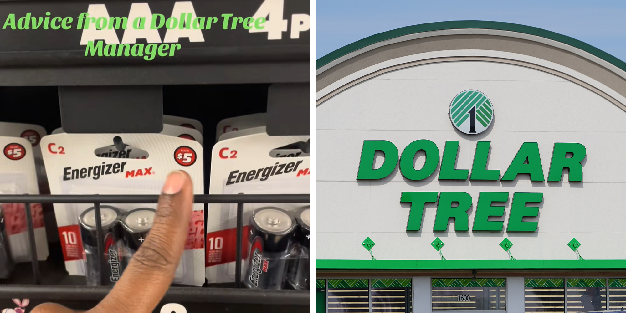 Split image. Finger pointing to Energizer batteries in store with text overlaying that reads: 'Advice from a Dollar Tree Manager' on left. Dollar Tree store front on right.