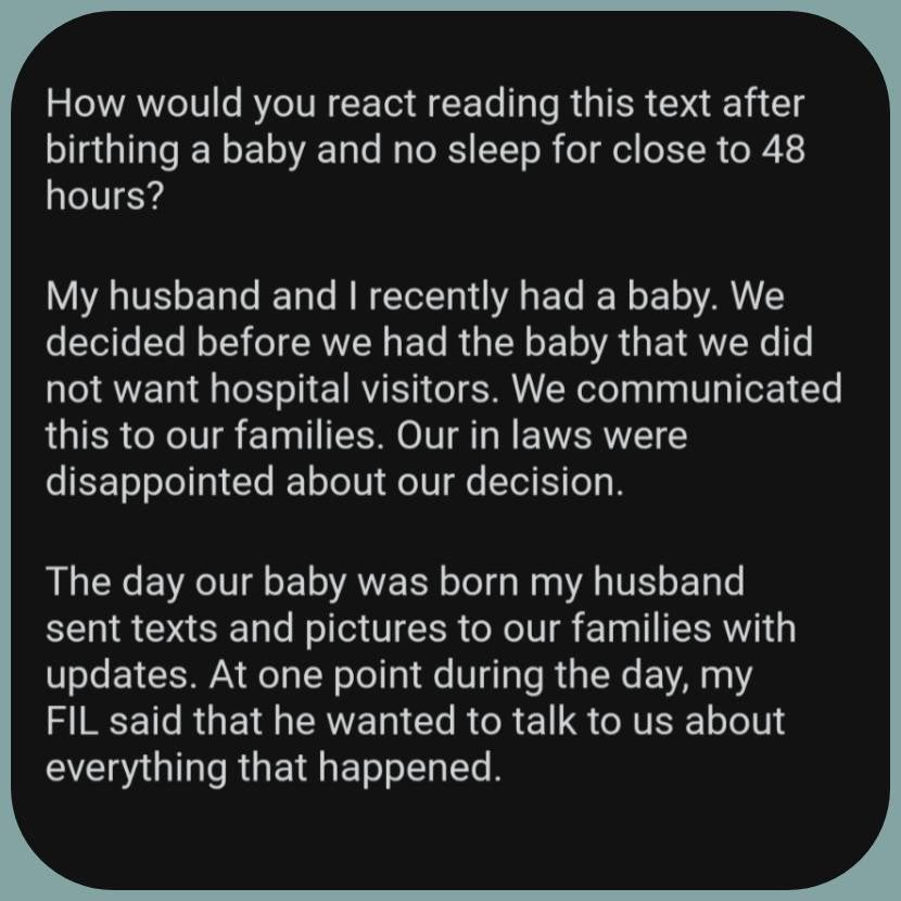 Reddit post text reading 'How would you react reading this text after birthing a baby and no sleep for close to 48 hours?”