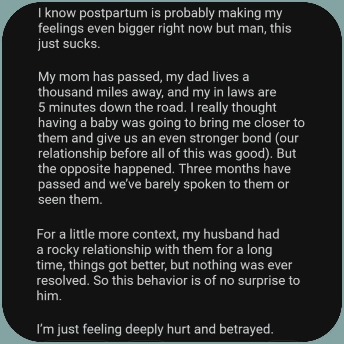 Reddit post text about a rift with in-laws after the birth of a baby.