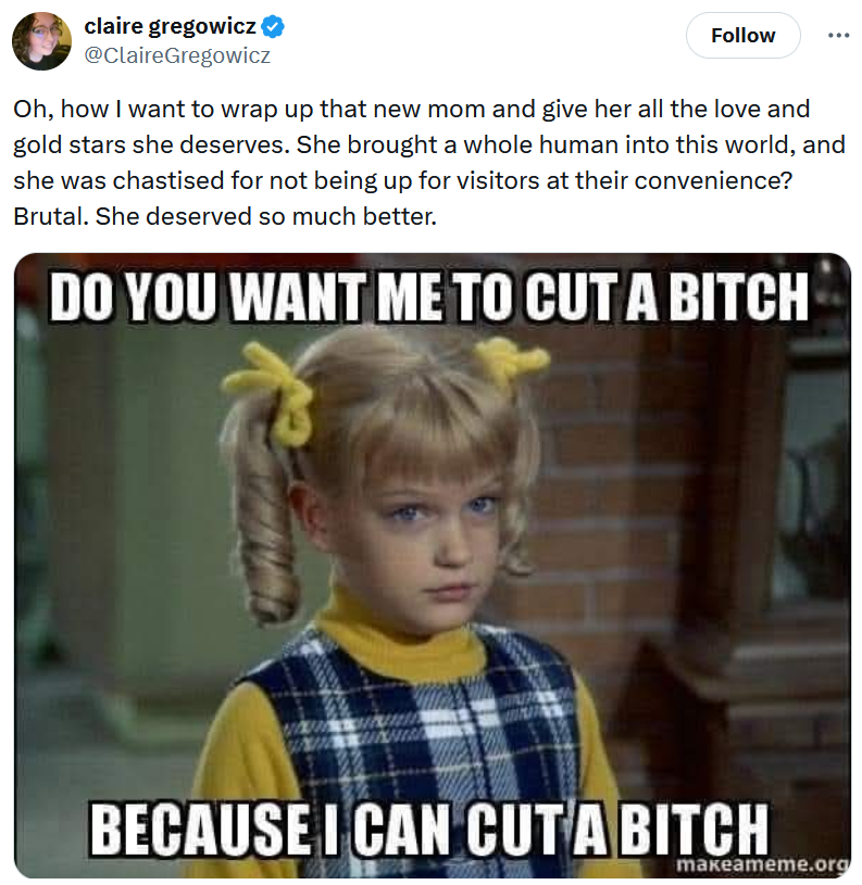 Tweet with a 'do you want me to cut a bitch' meme and text reading 'Oh, how I want to wrap up that new mom and give her all the love and gold stars she deserves. She brought a whole human into this world, and she was chastised for not being up for visitors at their convenience? Brutal. She deserved so much better.'