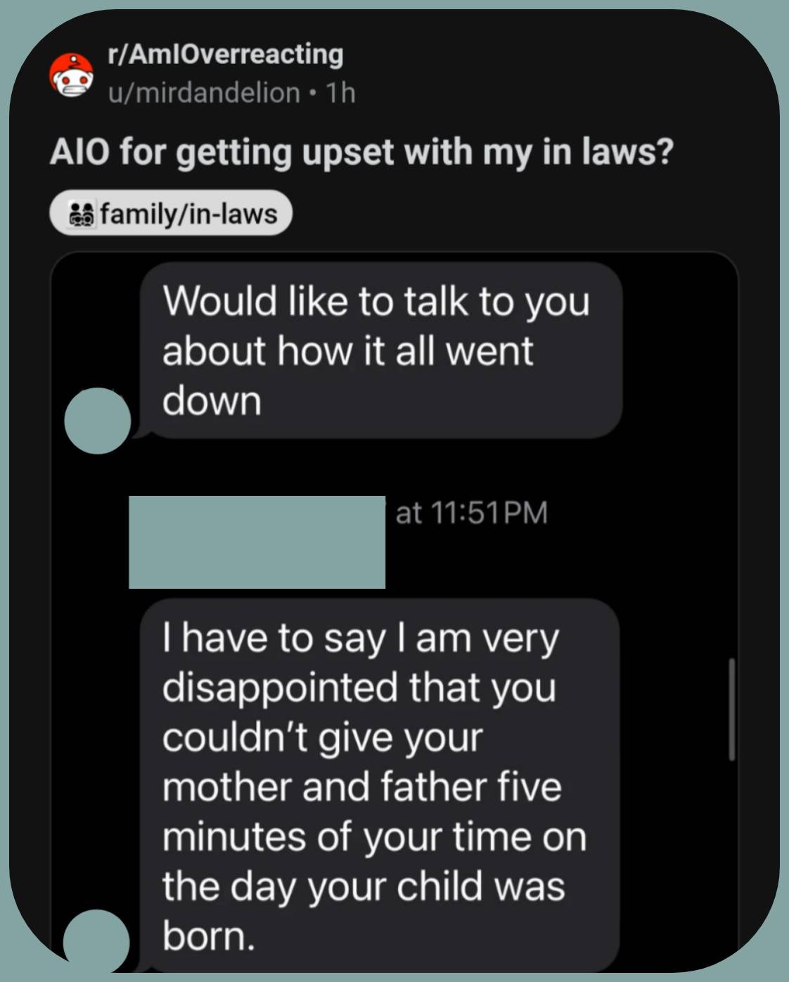 Text messages under a Reddit headline reading 'AIO for getting upset with my in laws?'