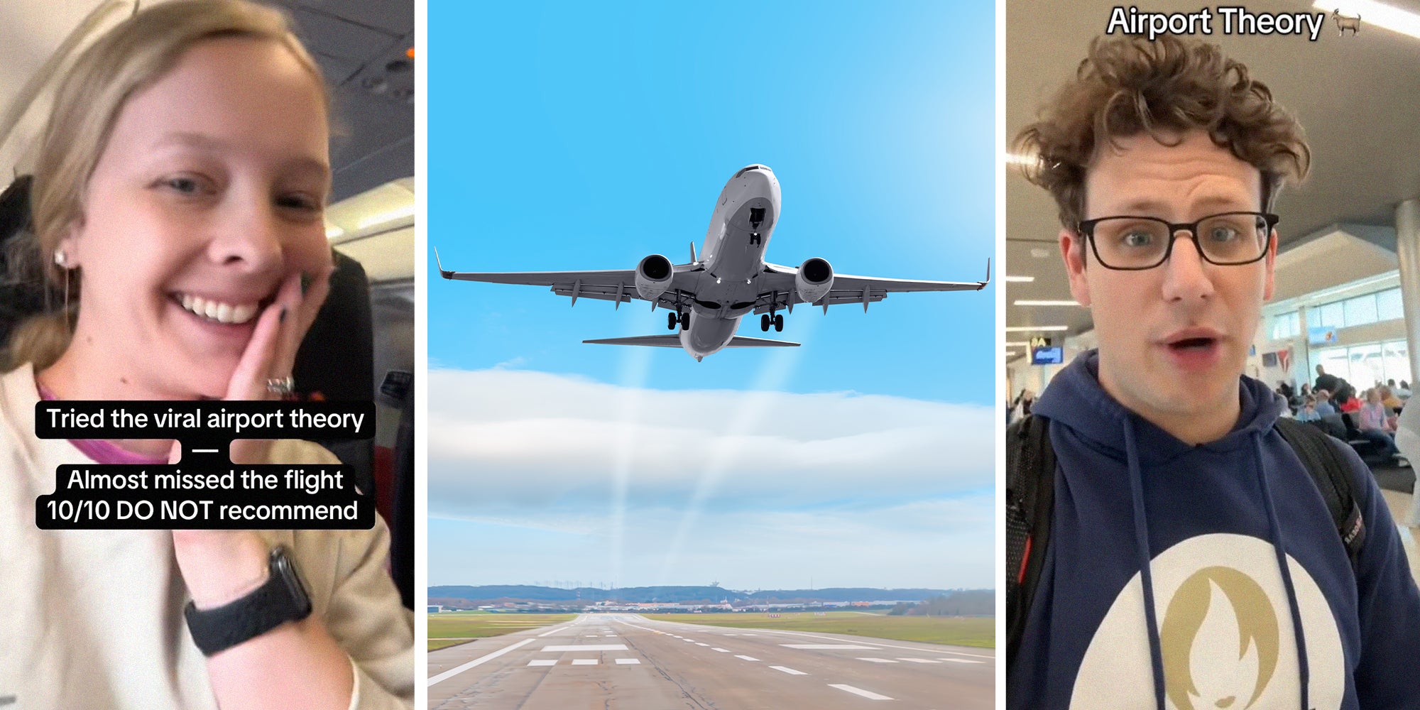 woman smiling(l) Airplane flying over airstrip(c) Man shares airport theory(r)