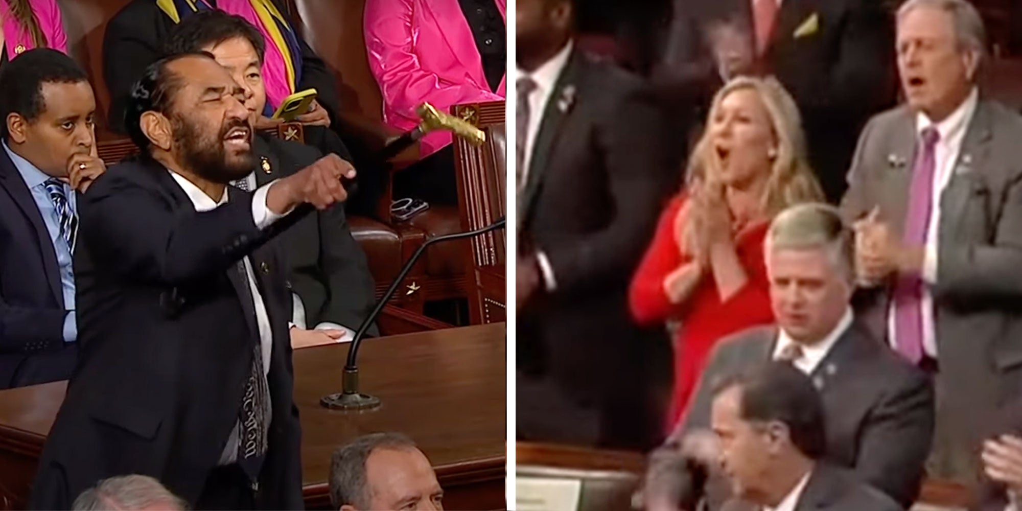Left: Rep. Al Green at the State of the Union Address March 4th 2025; Right: Rep. Marjorie Taylor Greene at the 2022 State of the Union Address