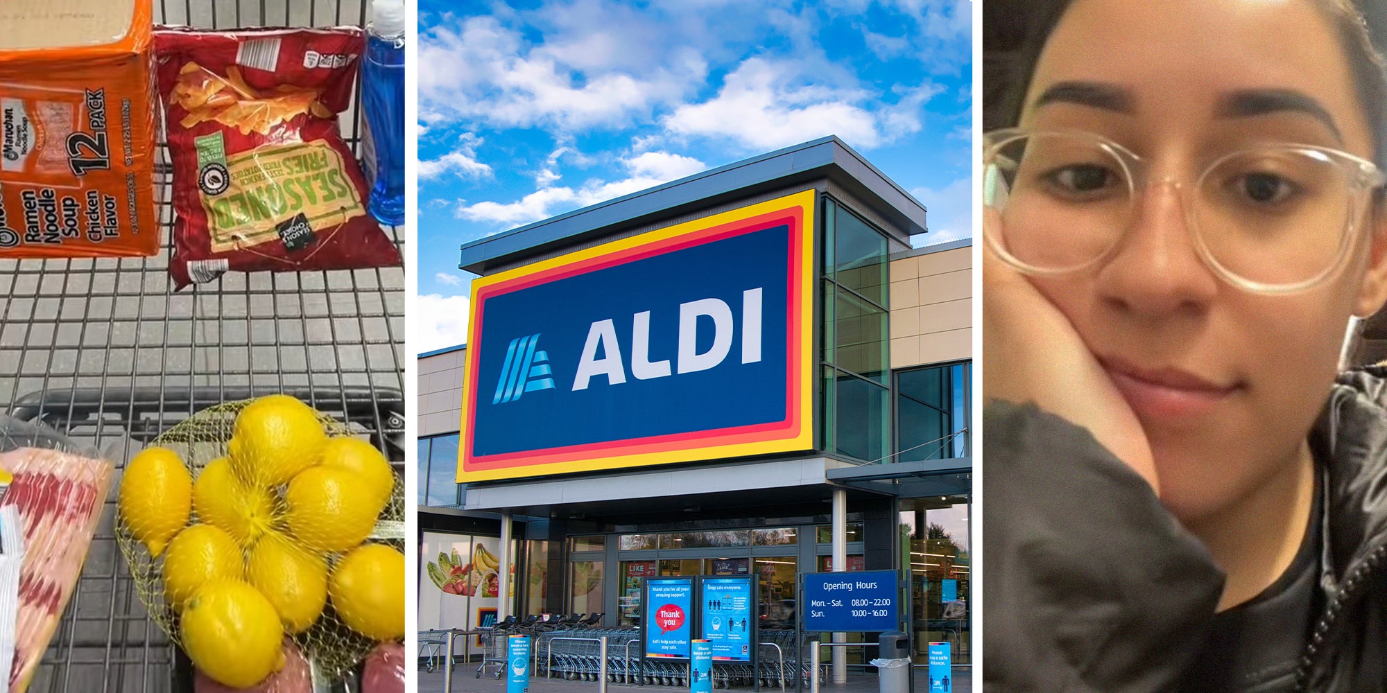 cart filled with groceries(l) Aldi Store(c) Woman wearing glasses holding her cheeks(r)