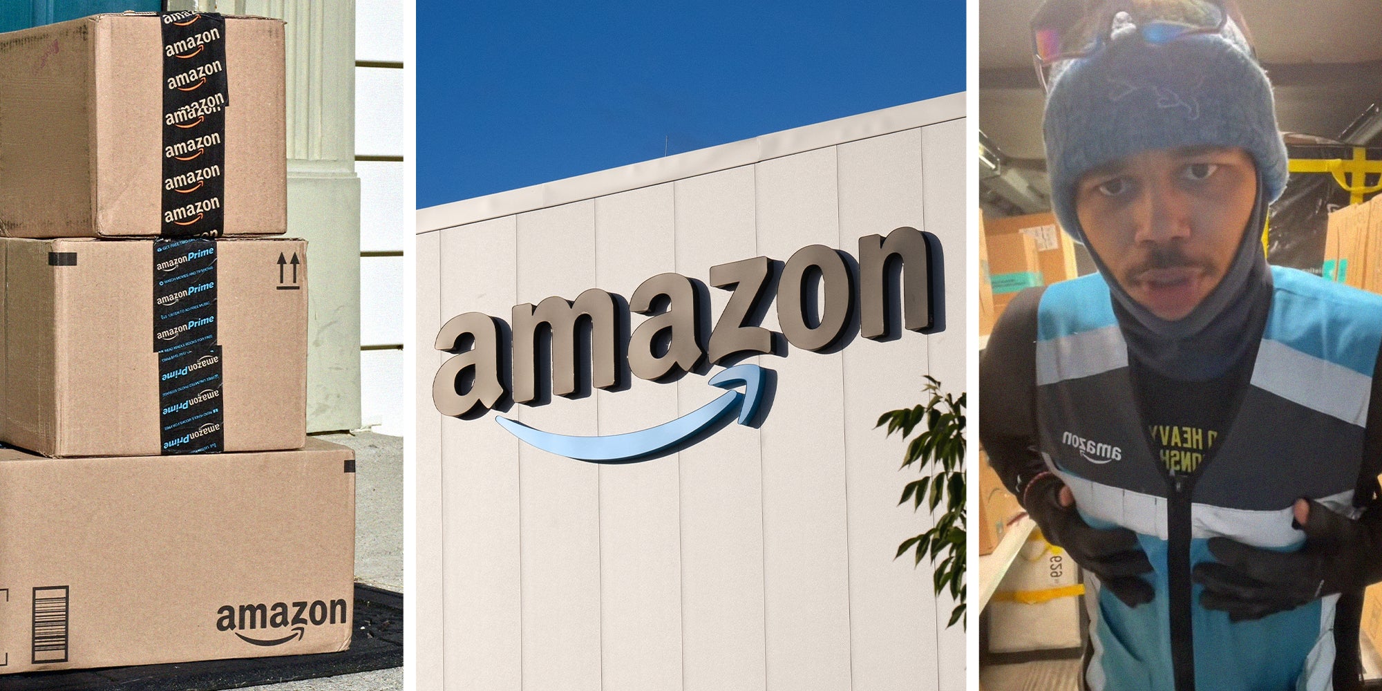 Amazon boxes stacked up(l) Amazon logo on building(c) Amazon worker shares what product people should stop ordering(r)