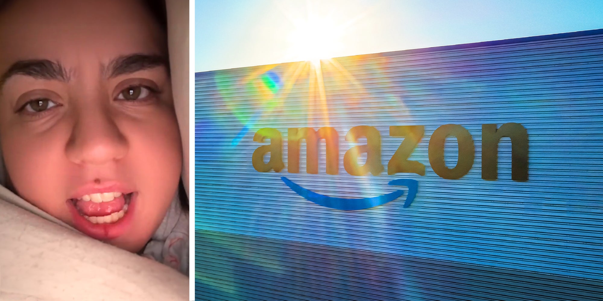 2 panel image: on the left a person explains, on the right is the exterior of an Amazon warehouse.