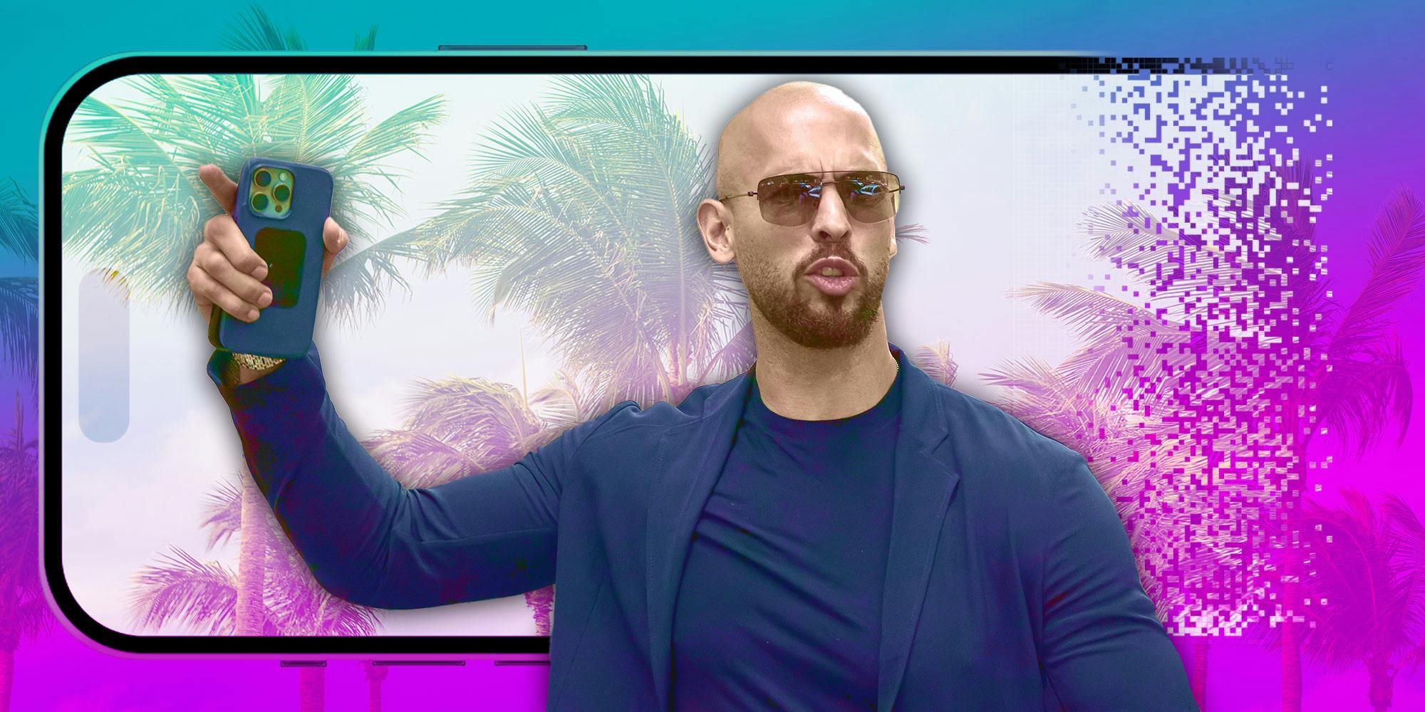 Photo illustration of Andrew Tate in front of a phone dissolving into pixels on a tropical background.