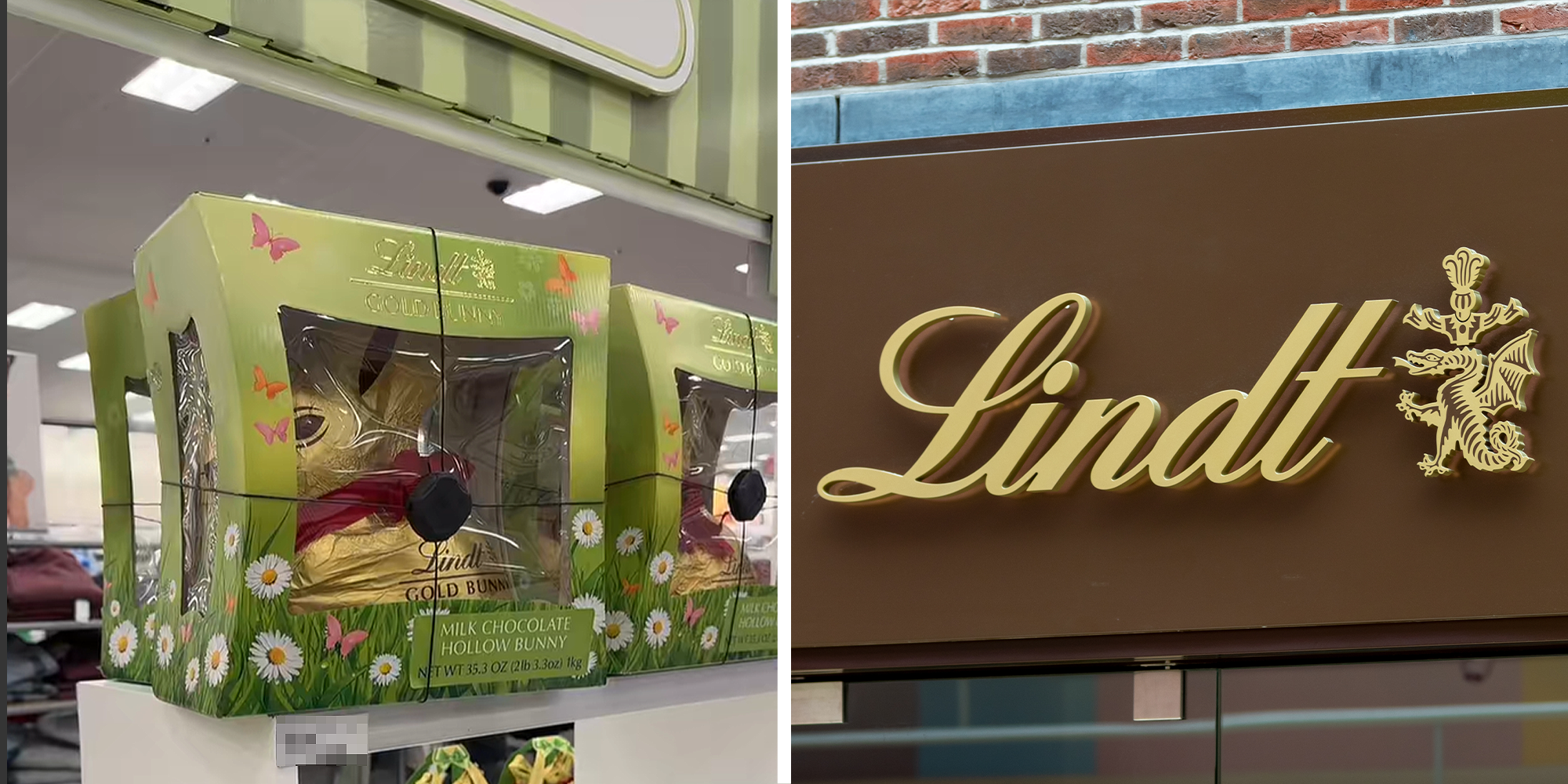 Chocolate bunny in box on store shelf with anti-theft device on it on left. Lindt storefront on right.