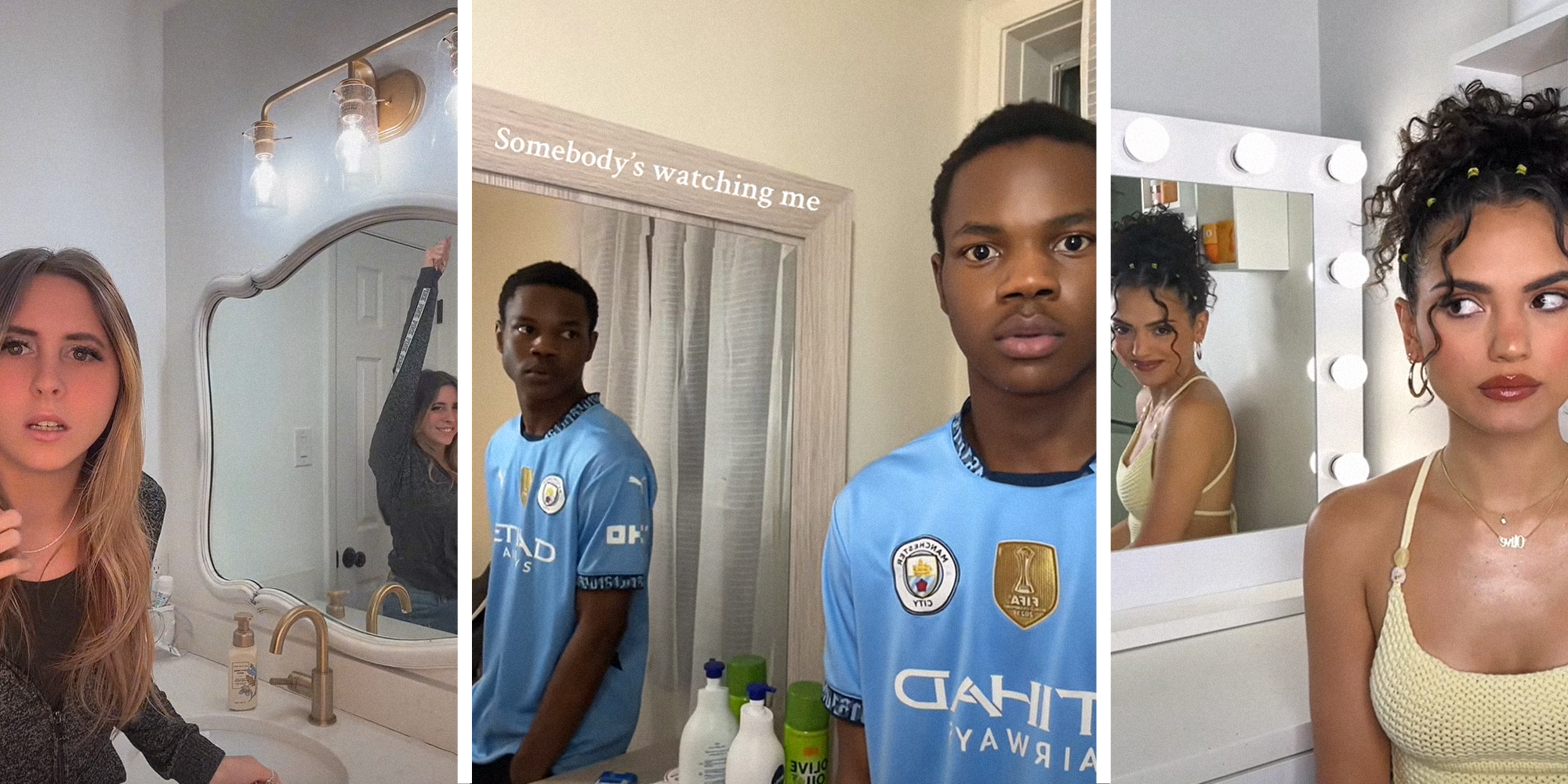 3 image split. Tik Tok creators doing "Anxiety" trend where their mirror self is looking at them while they are looking ahead.