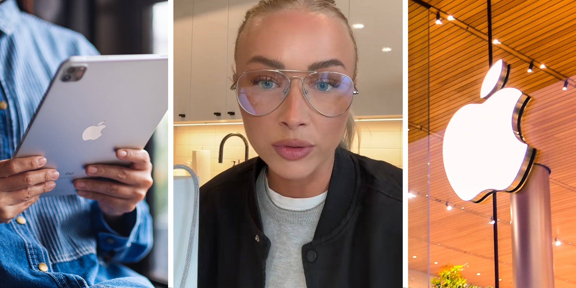 Person holding ipad(l) Woman wearing glasses(c) Apple Store Logo(r)