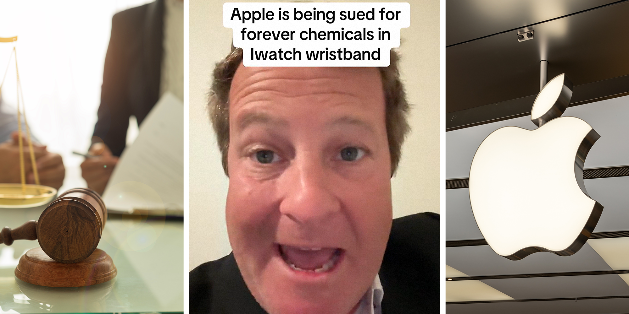 3 image split. Gavel and scale with lawyer in the back on left. Man speaking to phone with overlayed text that reads: 'Apple is being sued for forever chemicals in iwatch wristband' in center. Apple logo on storefront on right.