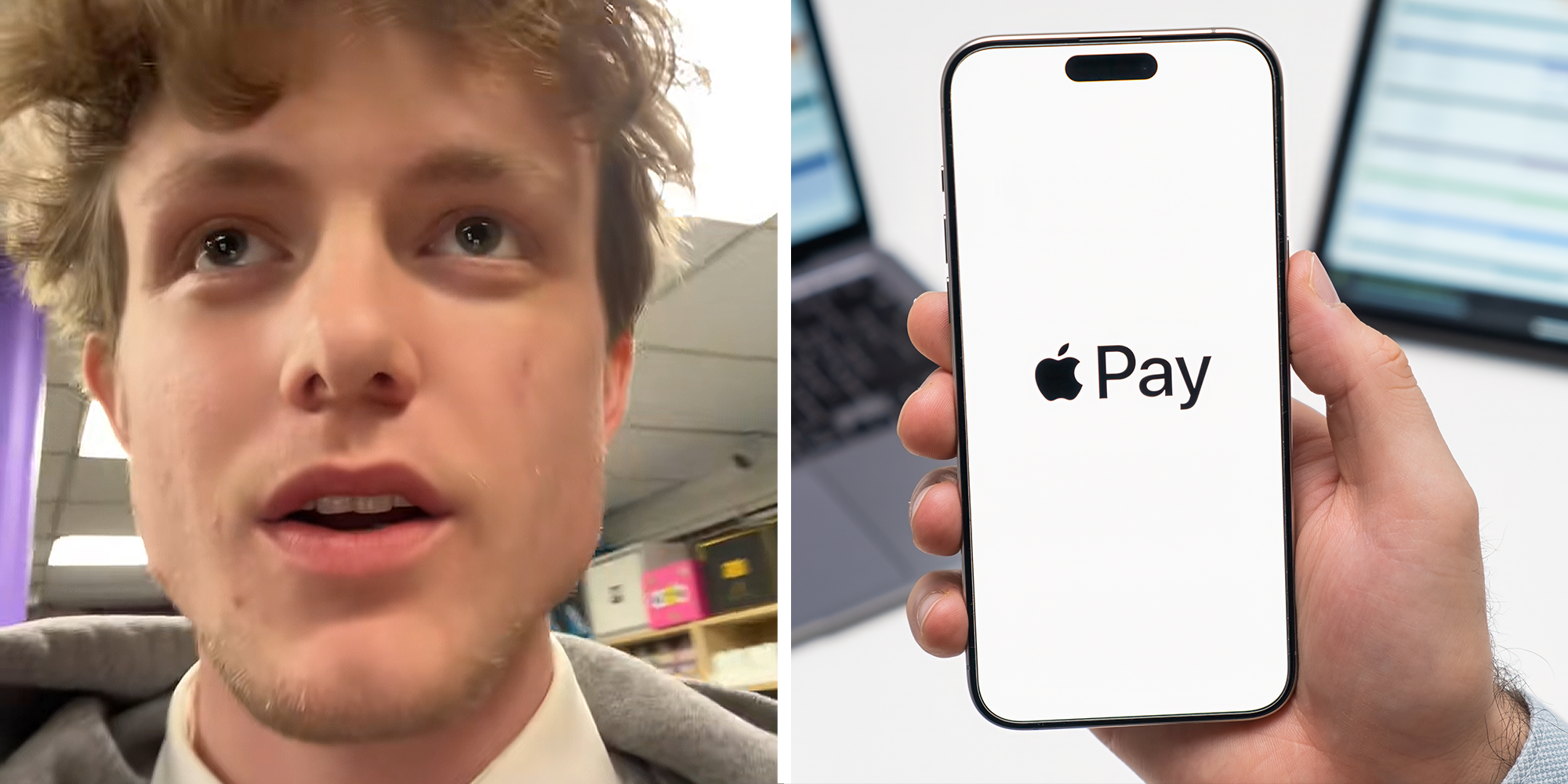 Man with floppy blonde hair walking around store on left. Apple Pay on phone on right.