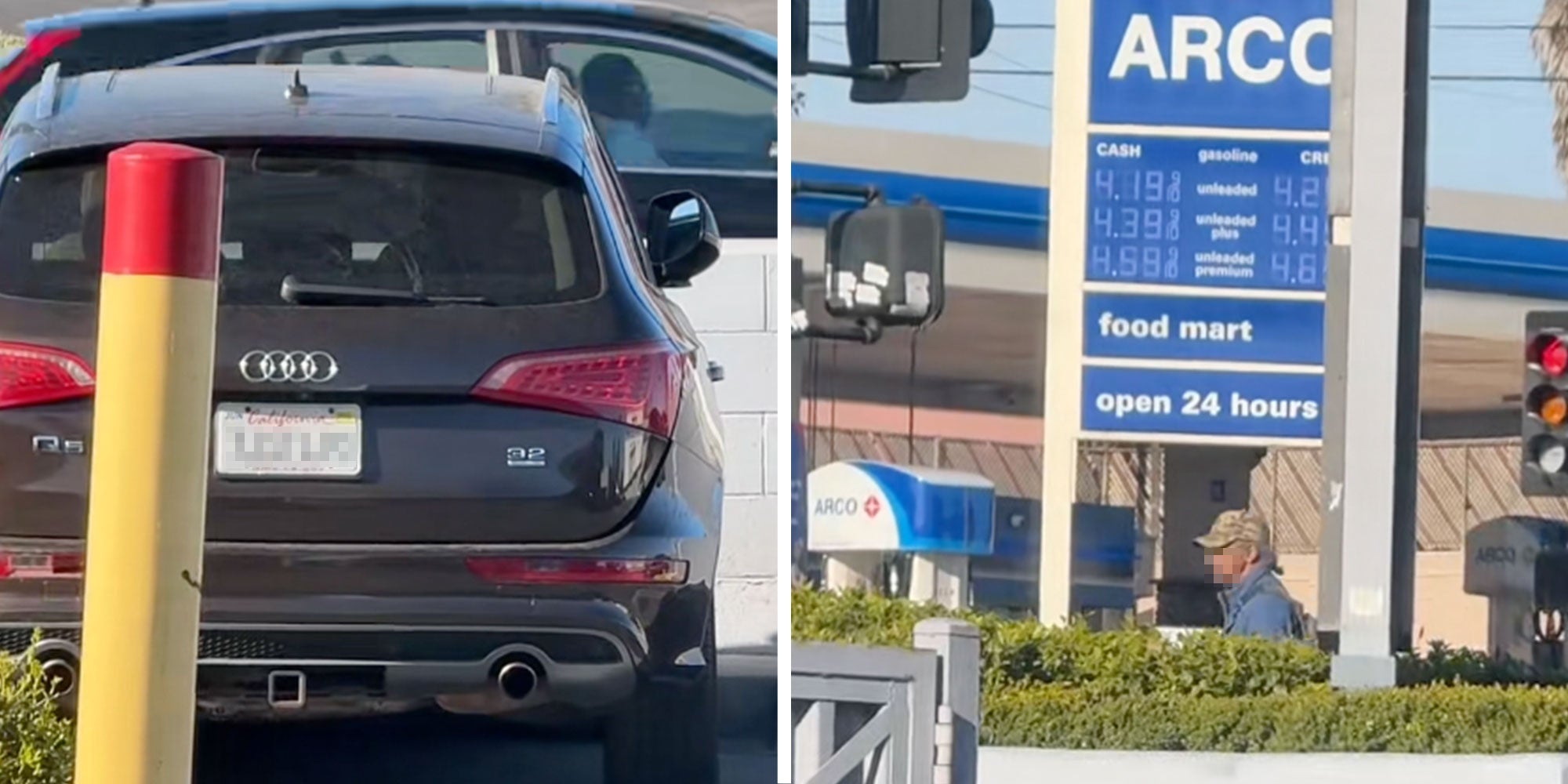 Screenshots from Tiktok user @pynkintent of a man's Audi and an Arco gas station sign.