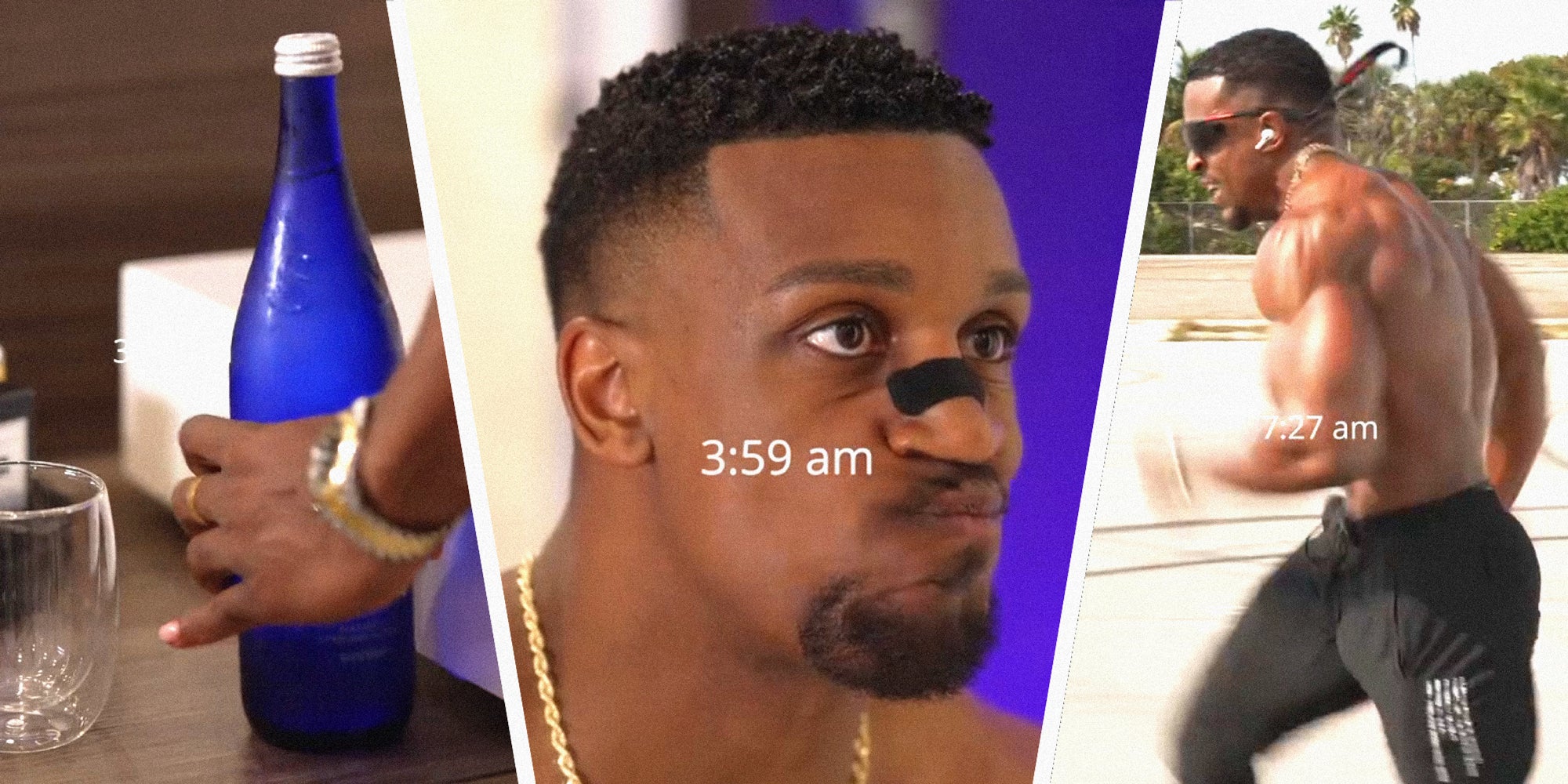 3 panel image showing influencer Ashton Hall's morning routine. In the left he grabs a bottle of water, in the middle he mouth washes, and on the right he runs.