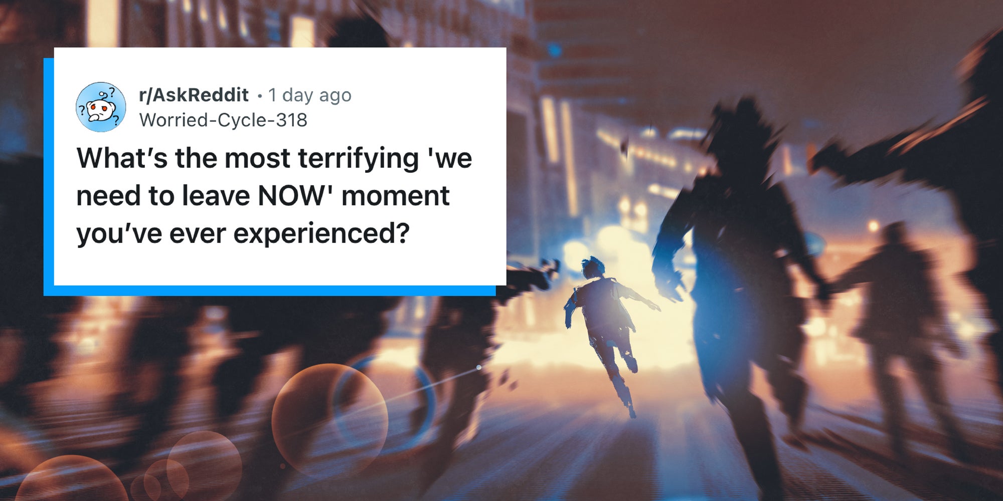 Painting of a crowd running. Reddit prompt over asks, ' What's the most terrifying 'we need to leave now' moment you've ever experienced?