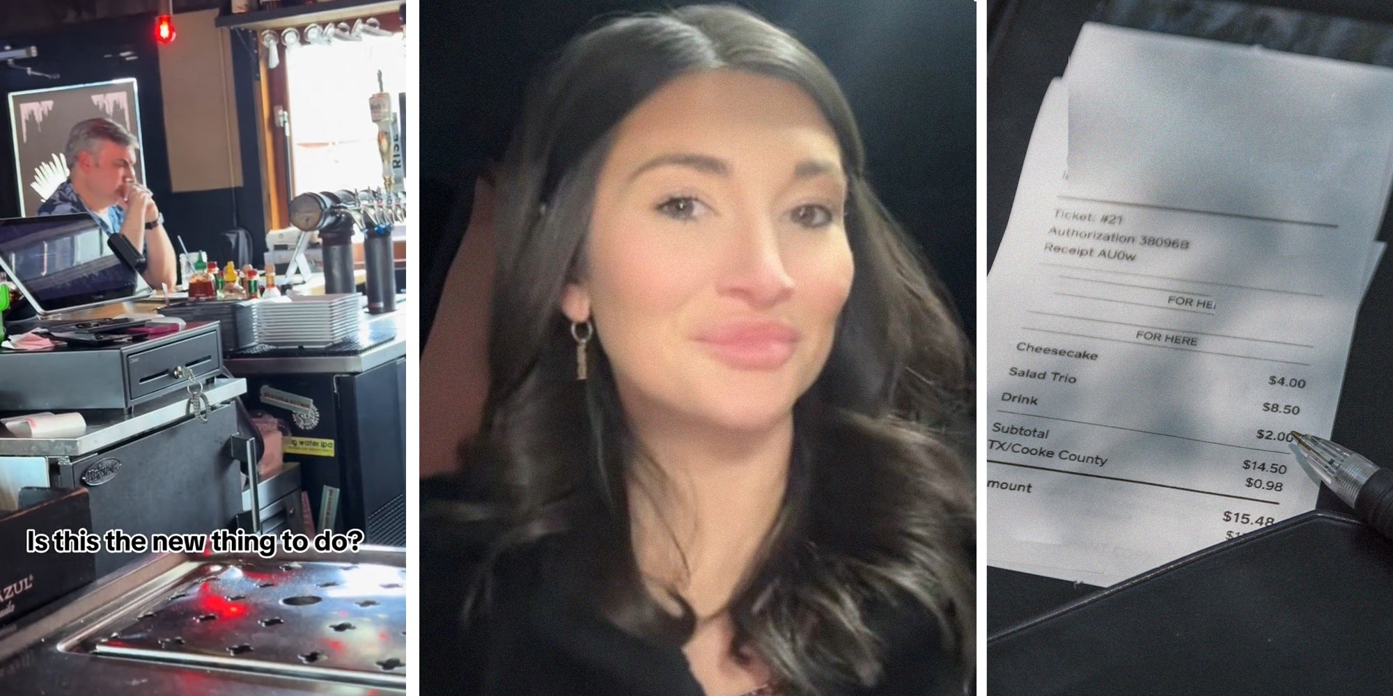 man waiting at restaurant(l) Woman shares new way to ask for check(c) check at restaurant(r)