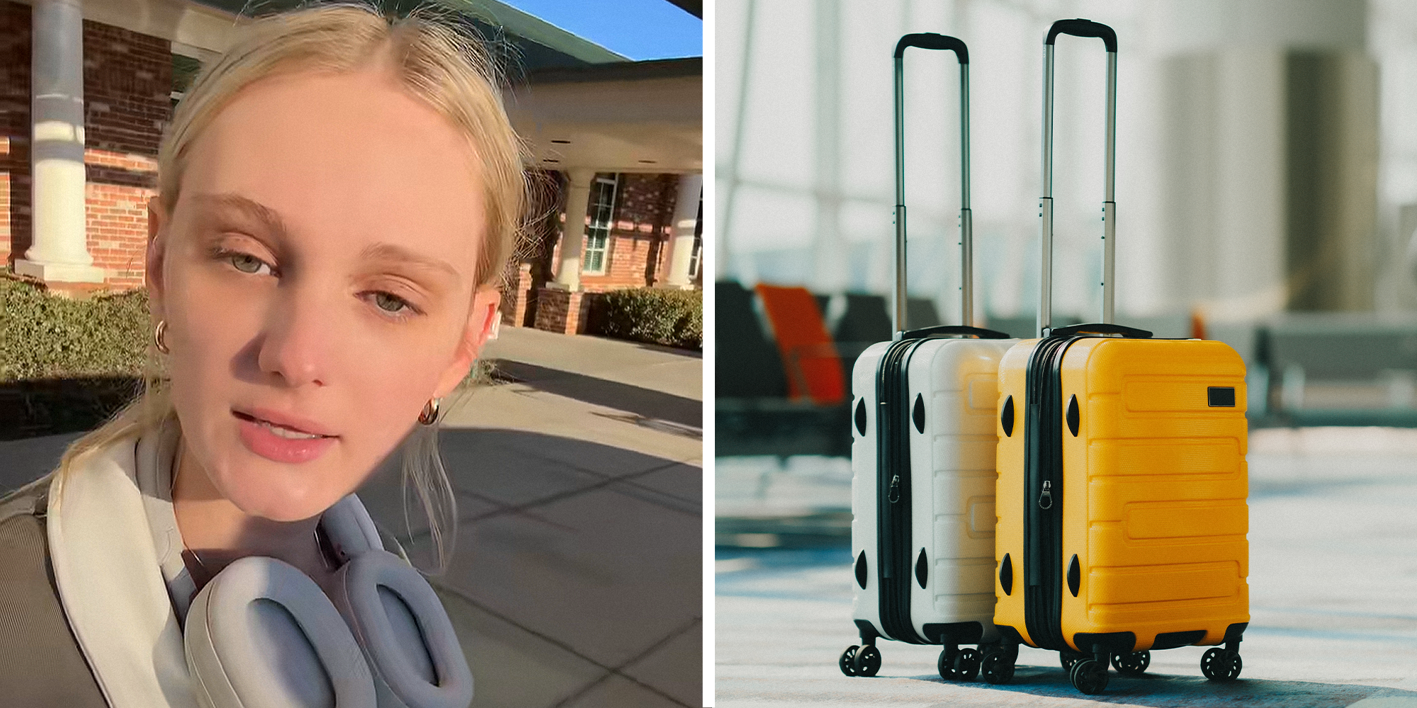2 image split. Blonde woman wearing headphones around neck explaining experience at airport on left. 2 luggage in airport on right.