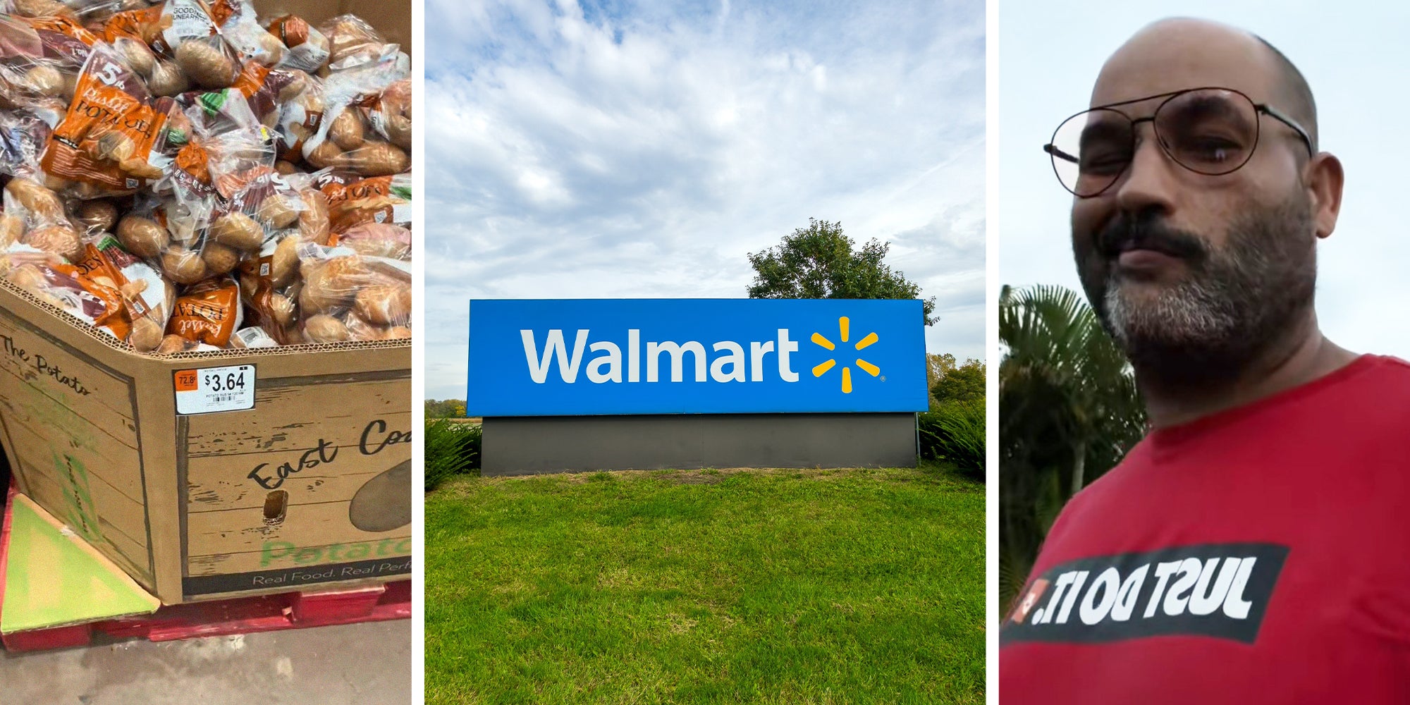 box of potatoes on display(l) walmart store sign(c) Man shows bags of potatoes and their weight(r)