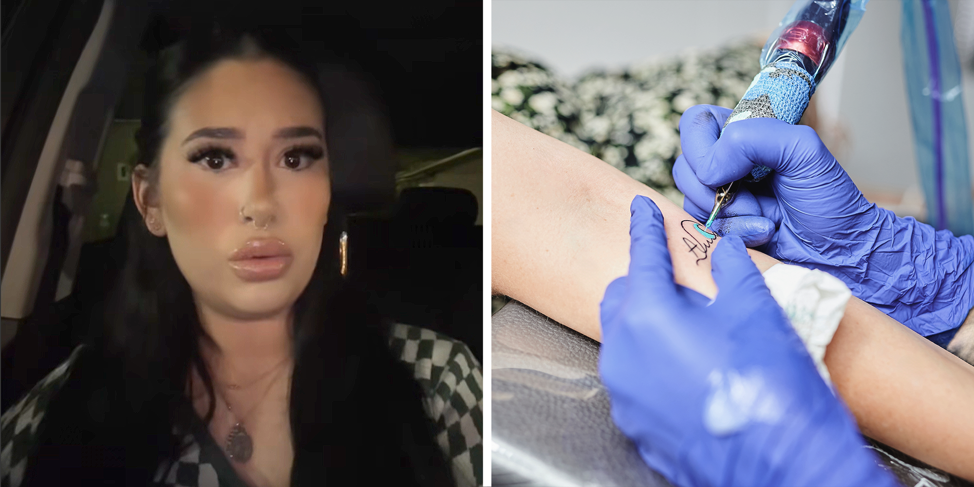 Split image. Woman speaking in caroni left. Tattoo artist giving tattoo on right.