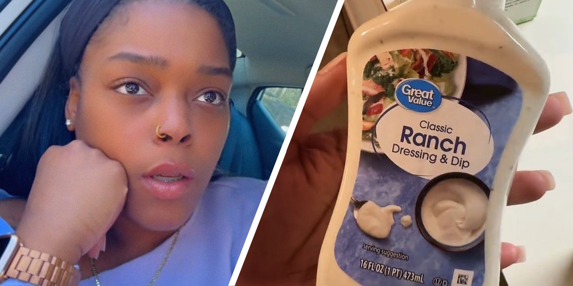 woman shares what she purchased at walmart(l) Holding up Great Value Ranch(r)