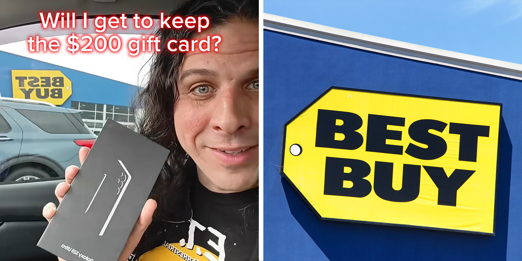 Split image. Man in car holding Samsung Phone in box with overlaying text that reads: 'Will I get to keep the $200 gift card?' on left. Best buy sign on building on right.
