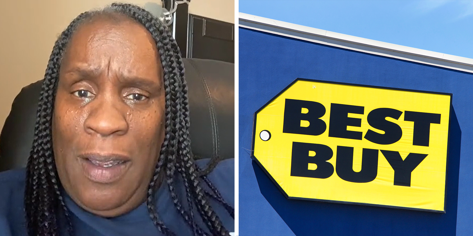 Woman with furrowed brows and confused look on face on left. Best Buy storefront on right.