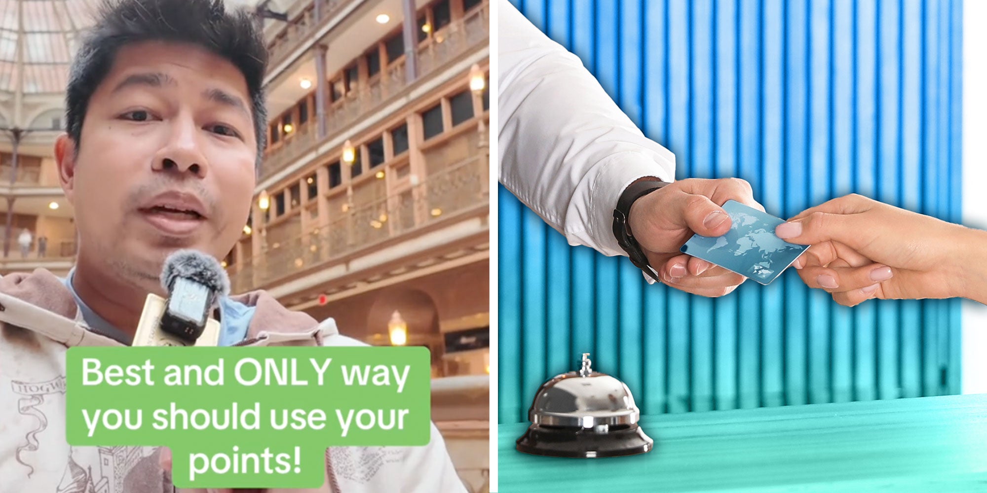 Screenshot of tiktok user @kaungfi with the caption: Best and ONLY way you should use your points!'; Photo of a credit card being passed over a Hotel front desk.