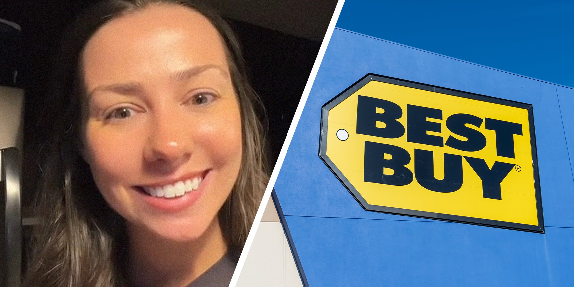 woman smiling(l) Best Buy Store Front(r)