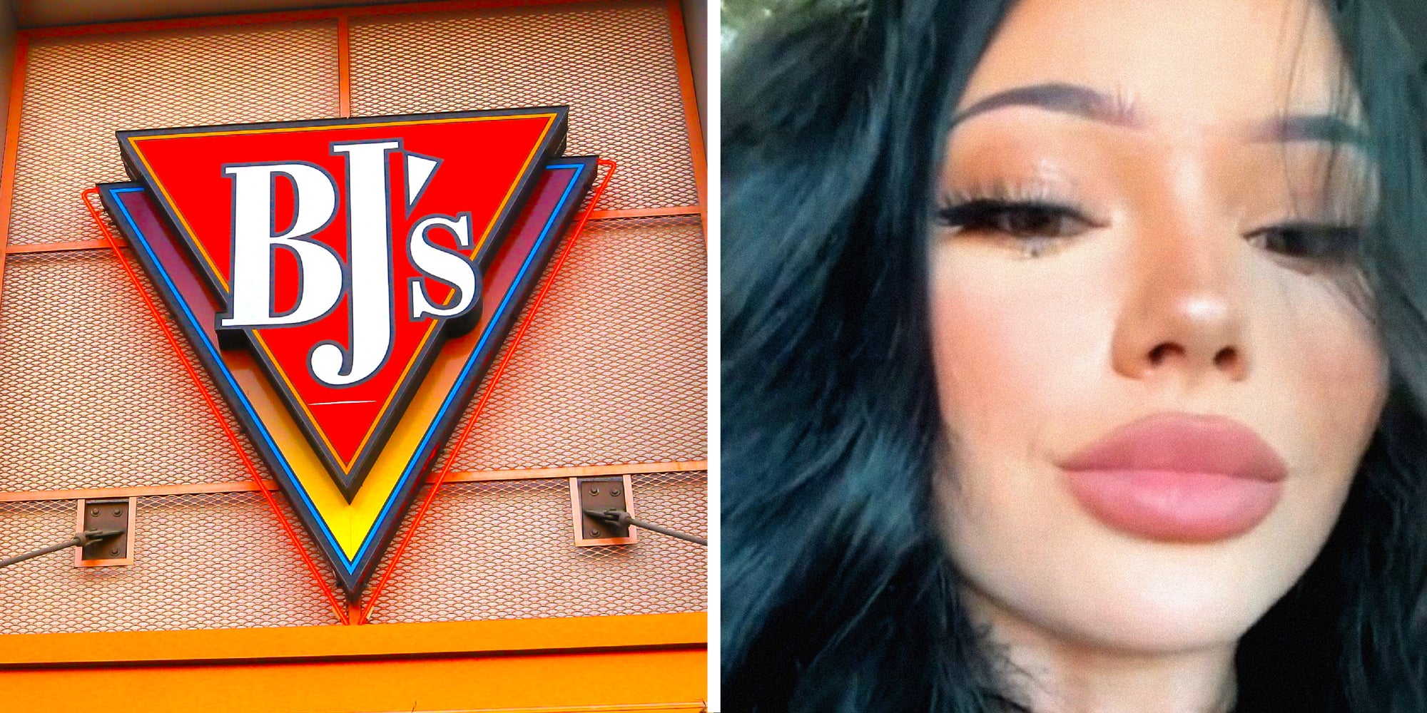 2 panel image: on the left is teh BJ's restaurant sign and on the right is a person.