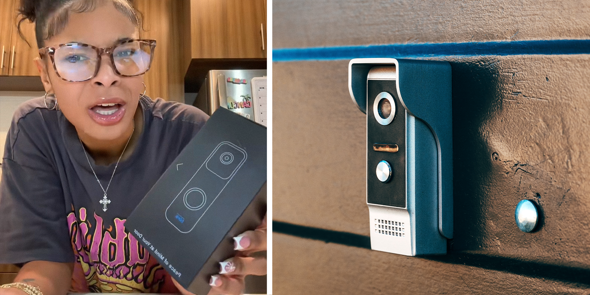Woman holding box containing doorbell security camera in kitchen while looking upset and confused on left. Doorbell security camera on wall on right.