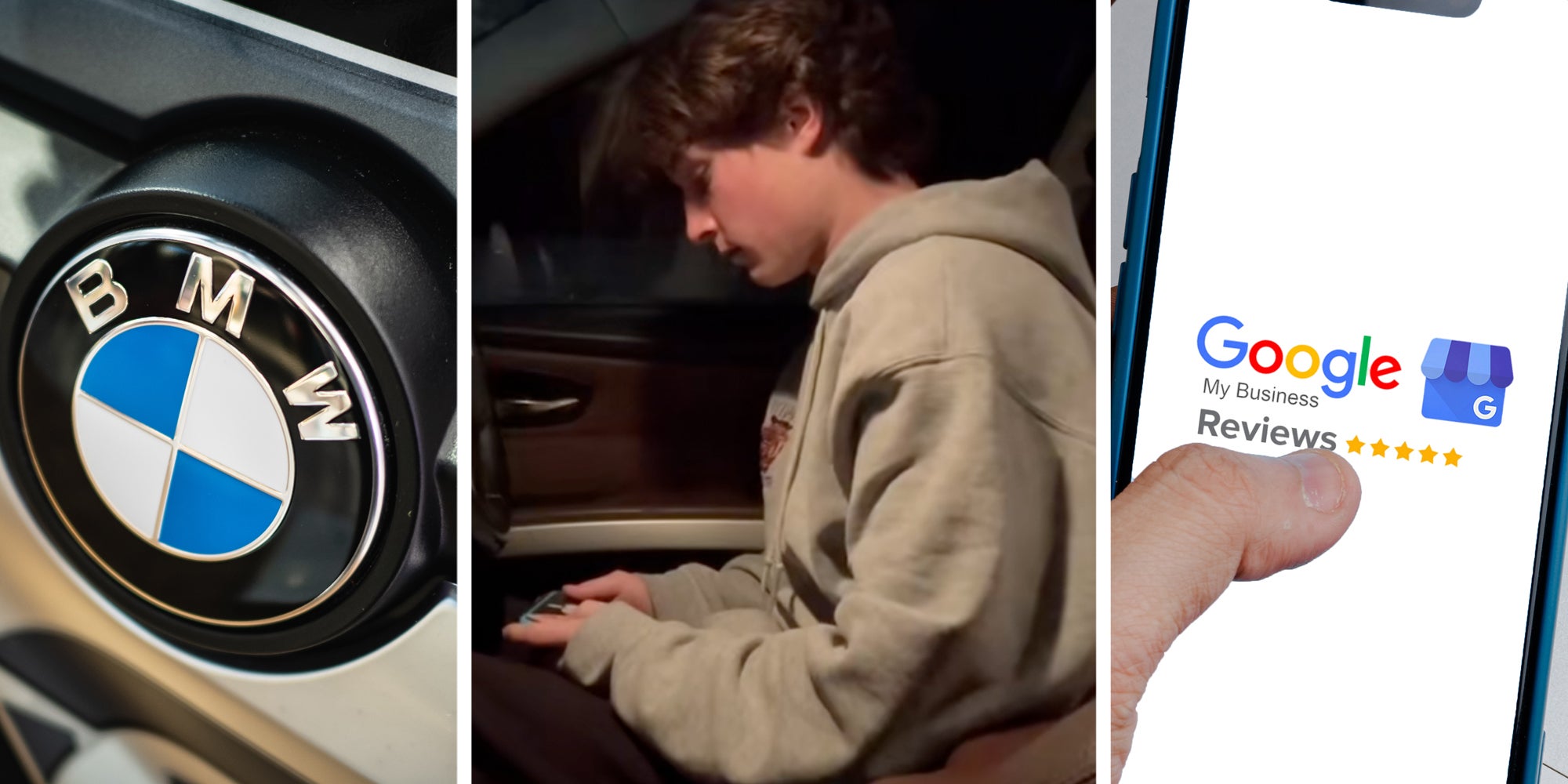 BMW logo(l), Man looking at phone(c), Hand holding phone with google reviews on screen(r)