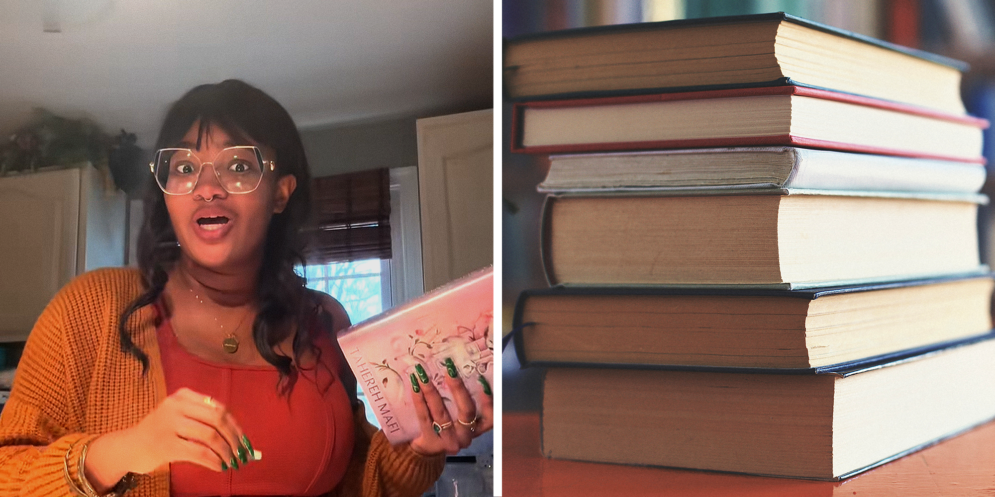 Split image. Woman in home, holding book in hand on left. Stack of books on right.
