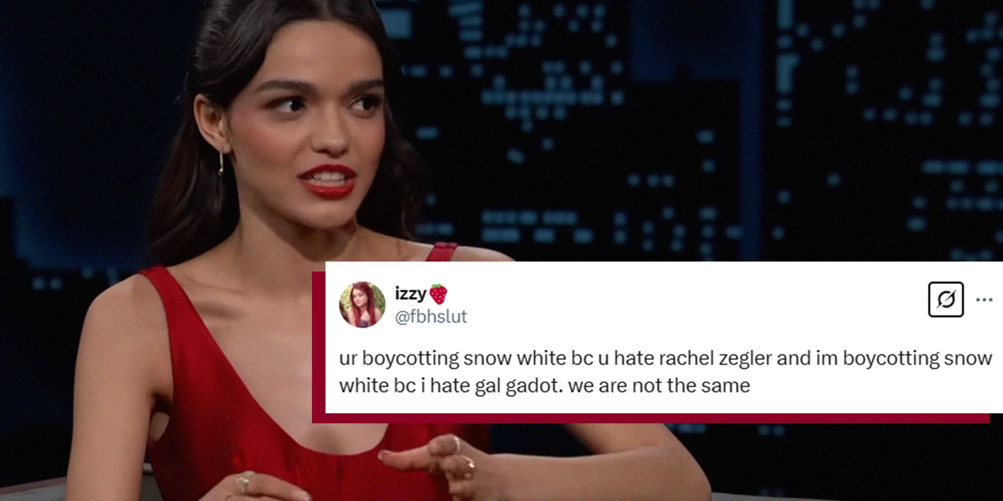 Rachel Zegler in red dress with X Tweet text overlay