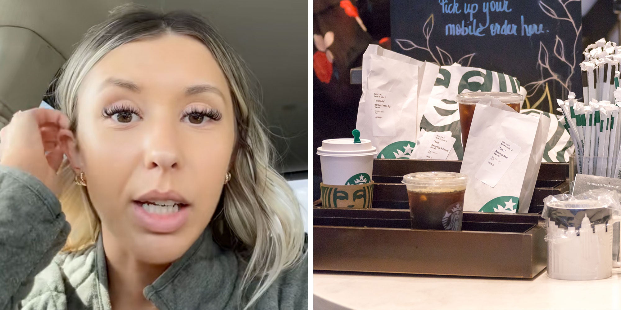 Screenshot of Tiktok user @connor_lee21; Photo of a Starbucks Mobile Order Pick-up counter.