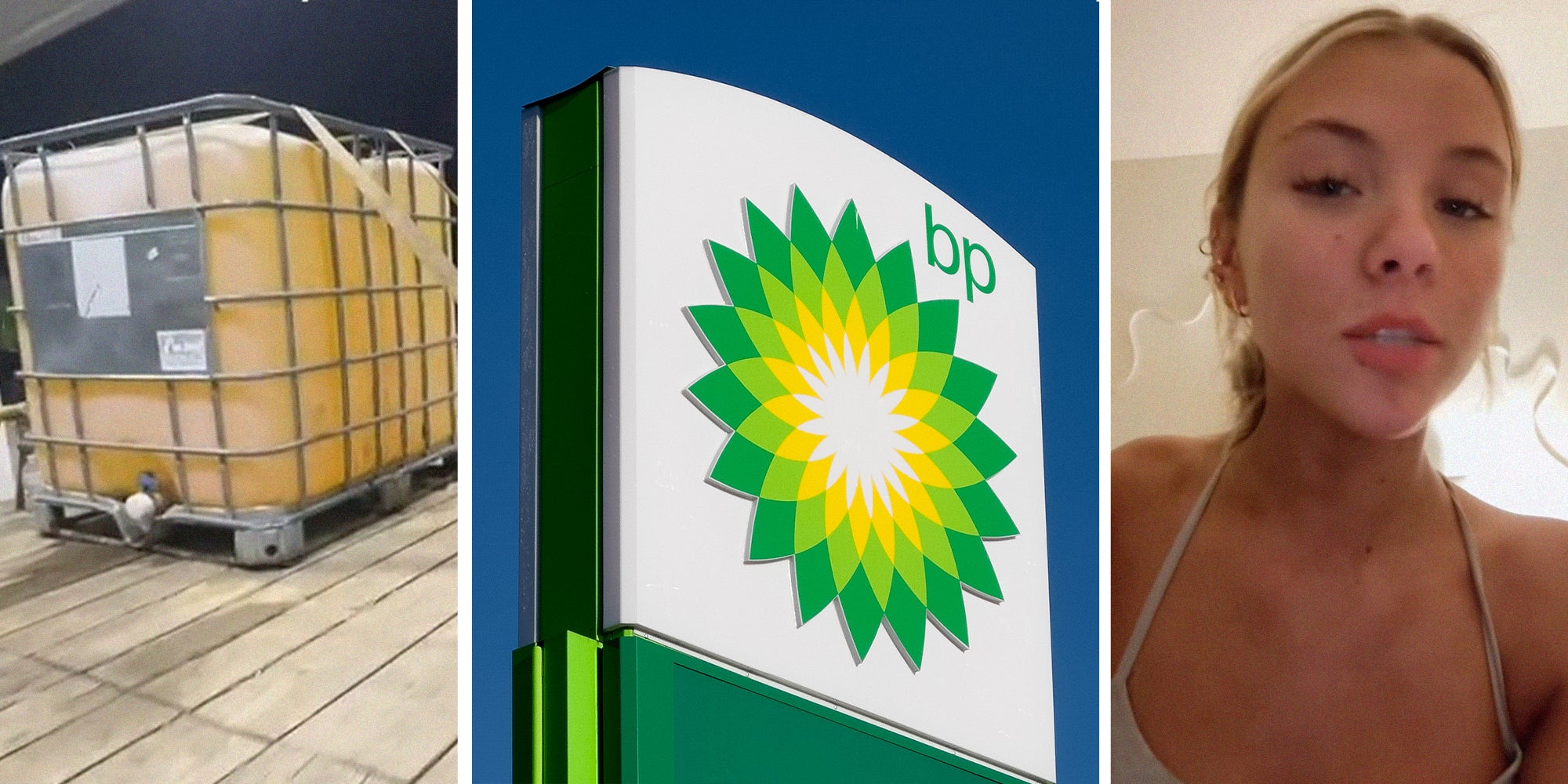Container of Gas(l) BP GAS Station Logo(c) Woman shares BP Gas station mishap(r)