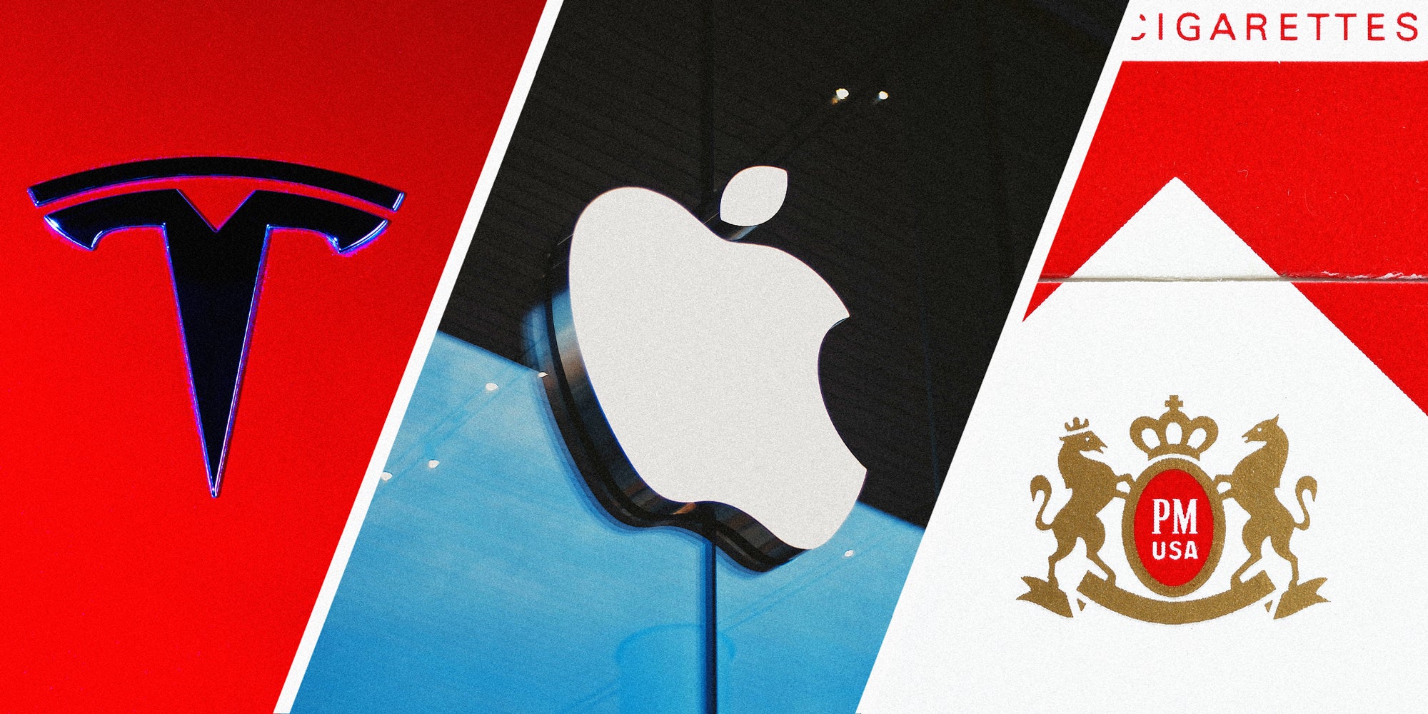 3 panel image showing (left to right) the logos of Tesla, Apple, and Marlboro.