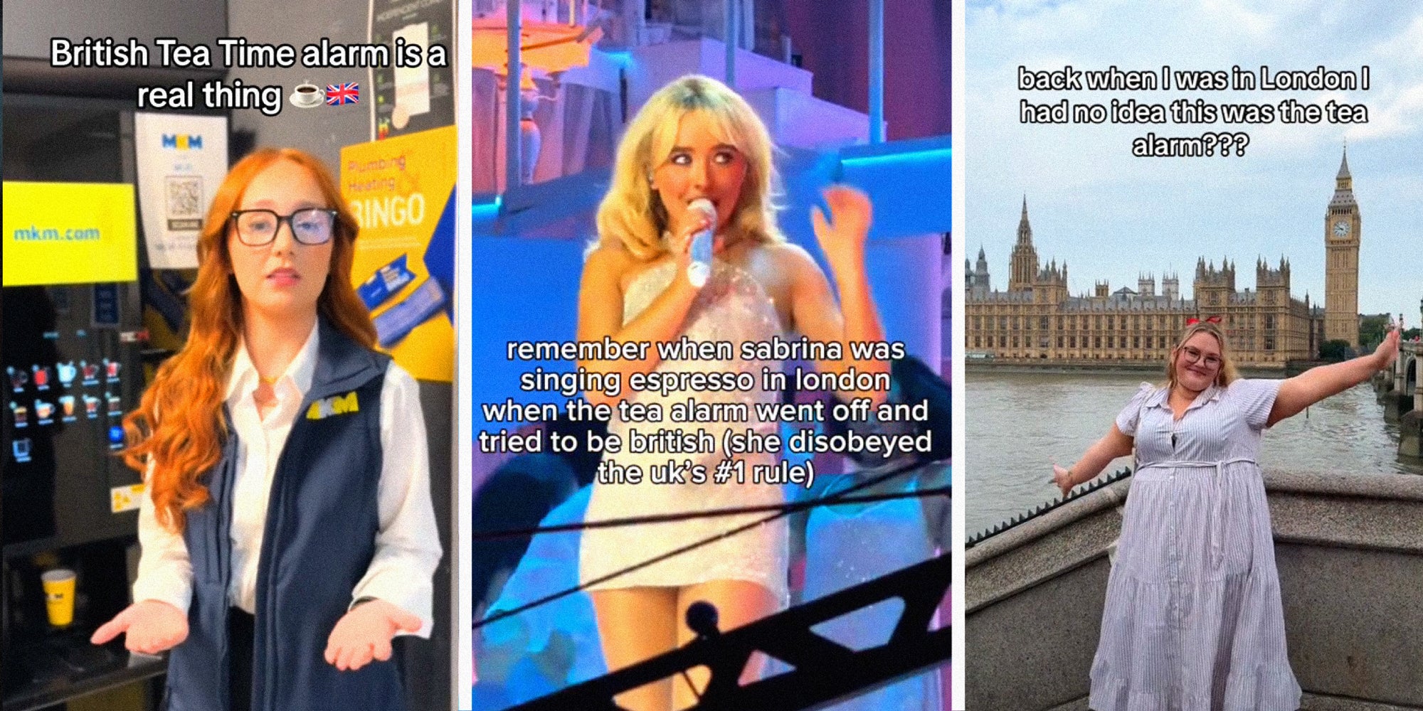 3 panel image: showing 3 people dealing with the British Tea Time alarm.