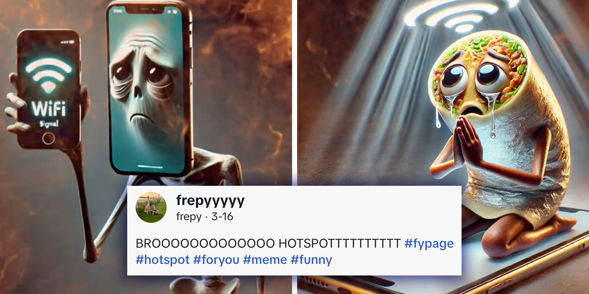 Left: Screenshot from @dytzz88's Tiktok of an AI image of a skeleton with a Phone head holding a phone. Right: Screenshot from @frepyyyyy's Tiktok of an AI image of a crying burrito praying on a phone. Caption: Comment from @frepyyyyy 'BROOOOOOOOOOOOO HOTSPOTTTTTTTTTT #fypage #hotspot #foryou #meme #funny'.