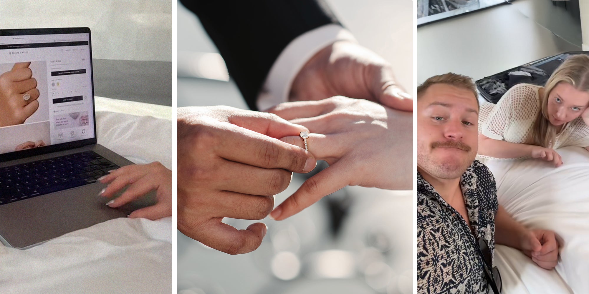 Woman using laptop to see wedding rings(l) Man putting ring on bride(c) Man and woman on bed looking sad(r)