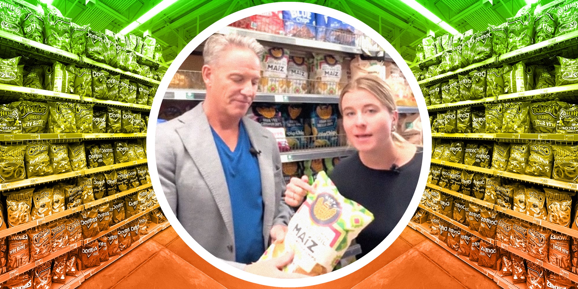 photo collage of two people buying chips and a grocery store chips aisle behind them.