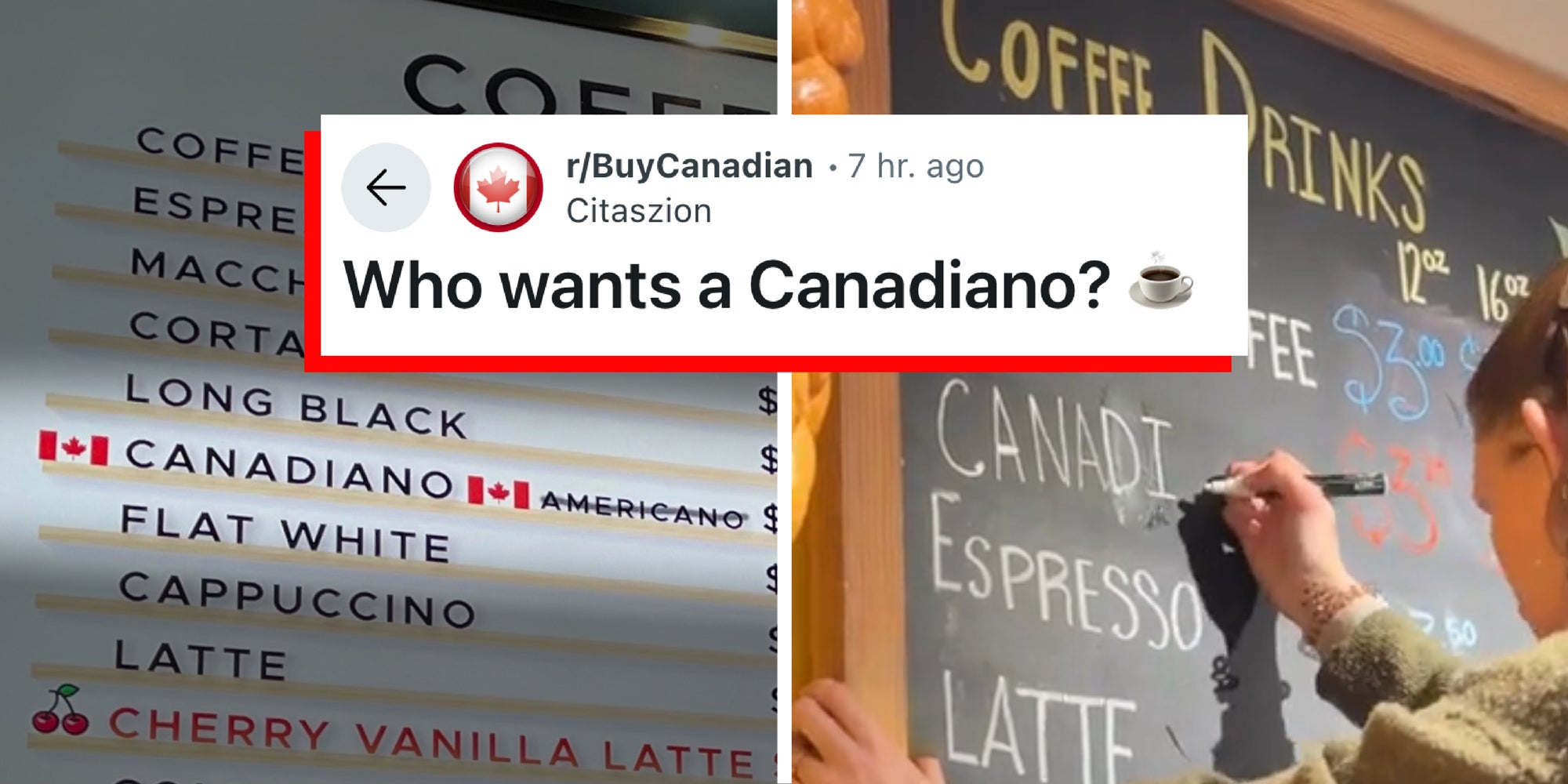 2 panel image: showing two menus that show an item named Canadiano. Text over says, "Who wants a Canadiano?"