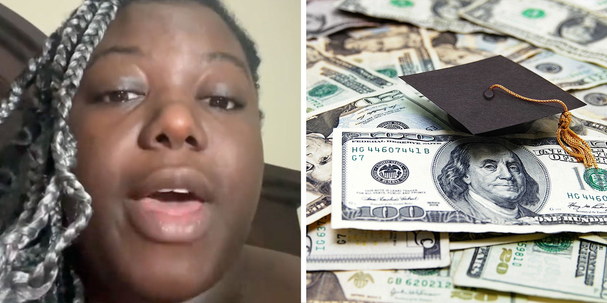 Screenshot of Tiktok user @beaningzoey; Photo of a graduation cap on top of a pile of money.