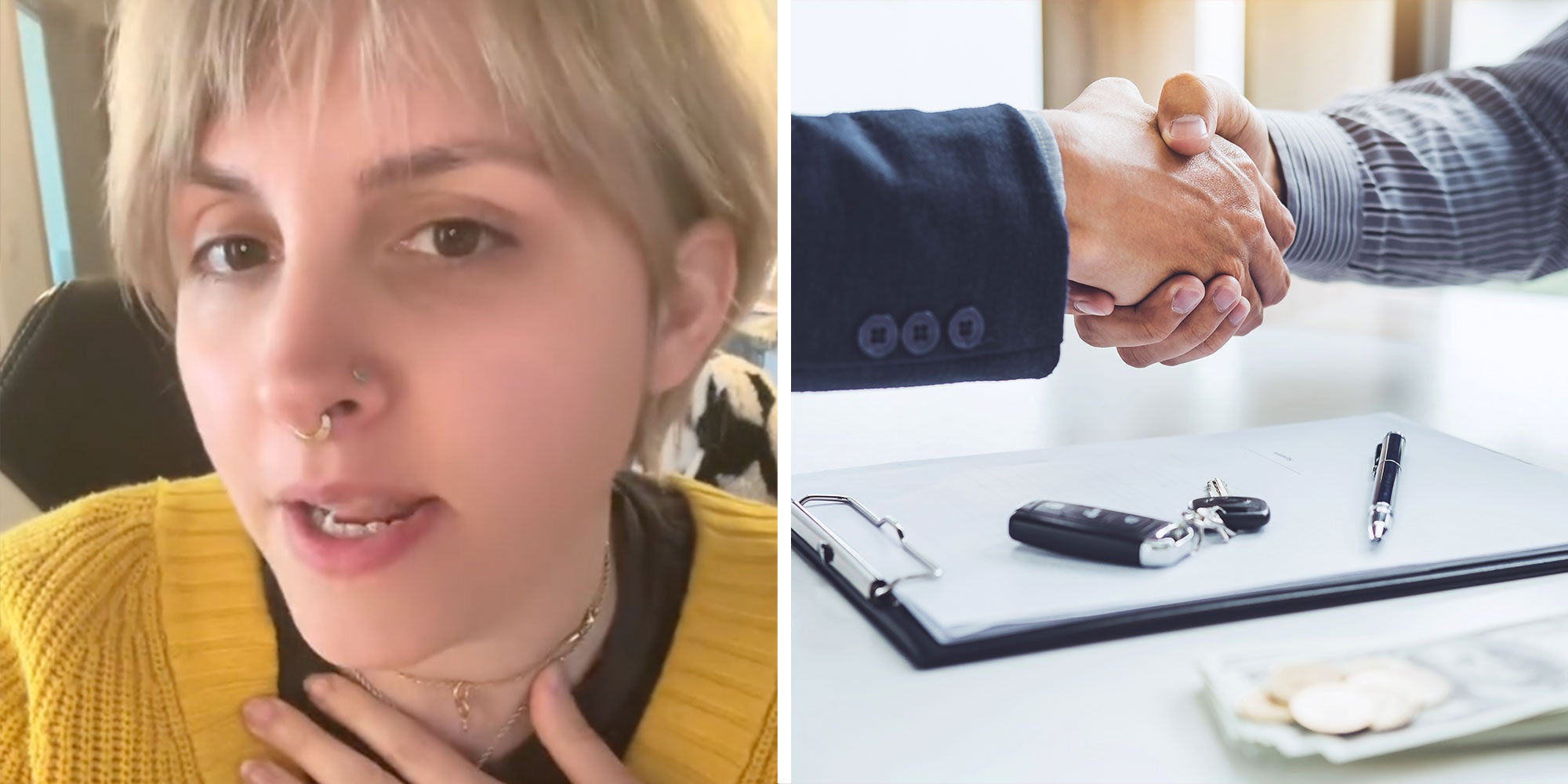 Screenshot of Tiktok user @dualityofgin; Photo of two hands shaking over a set of car keys and a clipboard.