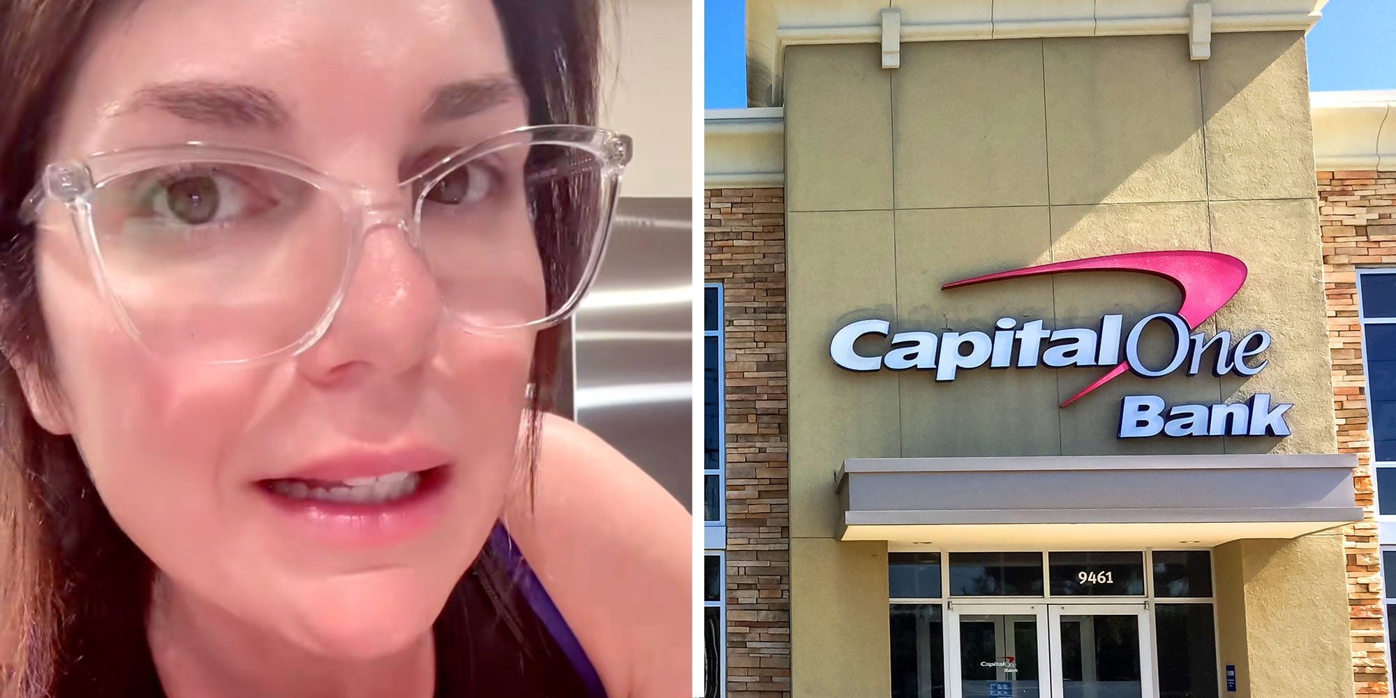 Screenshot of Tiktok user @michelleinthematrix; Photo of a Capital One Bank exterior.