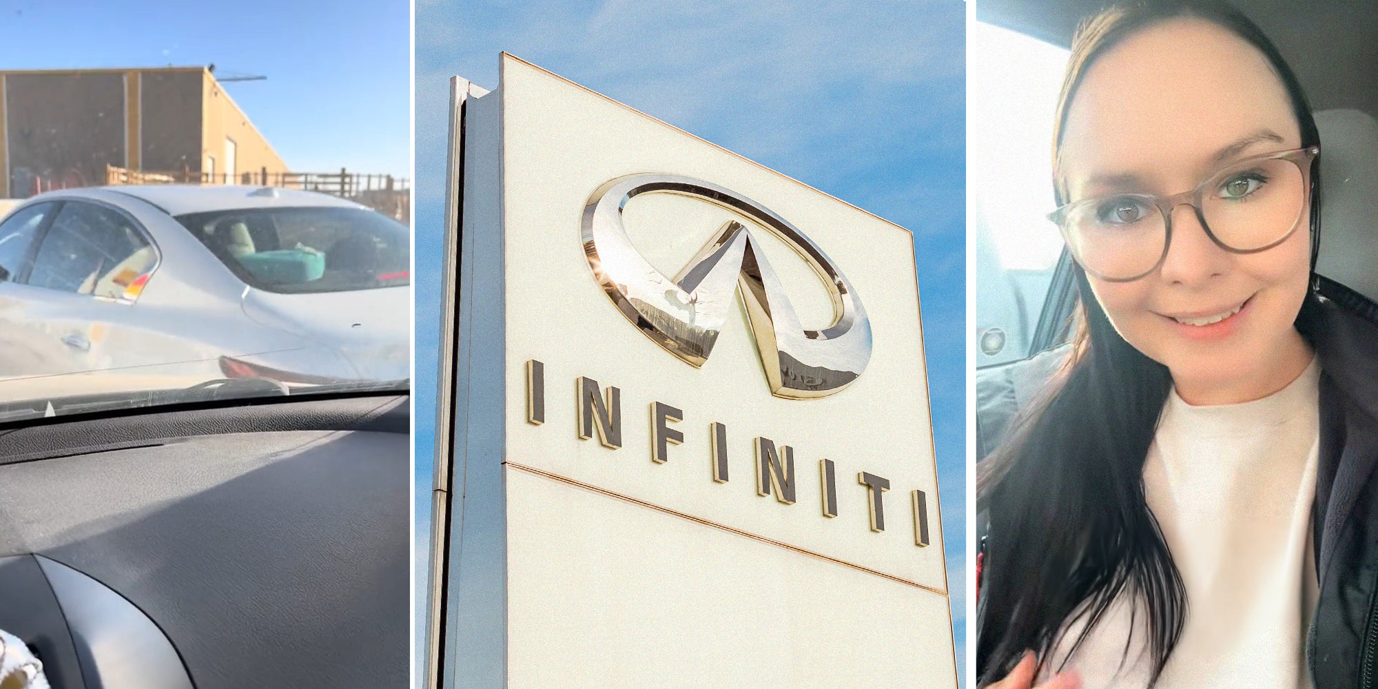 car being side swiped(l) Infiniti Dealer Brand(c) Woman shares experience parked at a car wash(r)