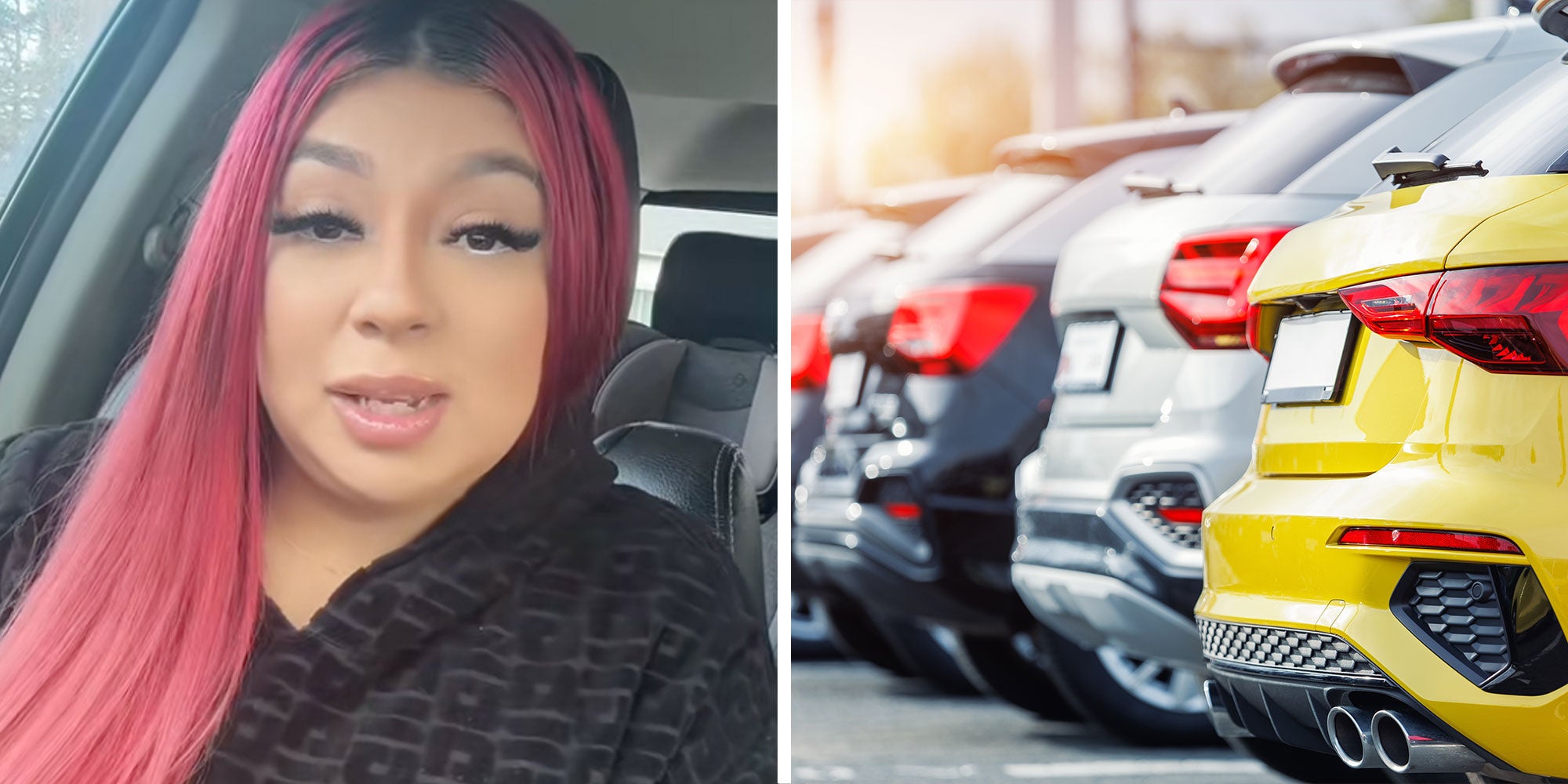 Left: Screenshot of Tiktok user @sandrukess; Photo of parked cars at a dealership