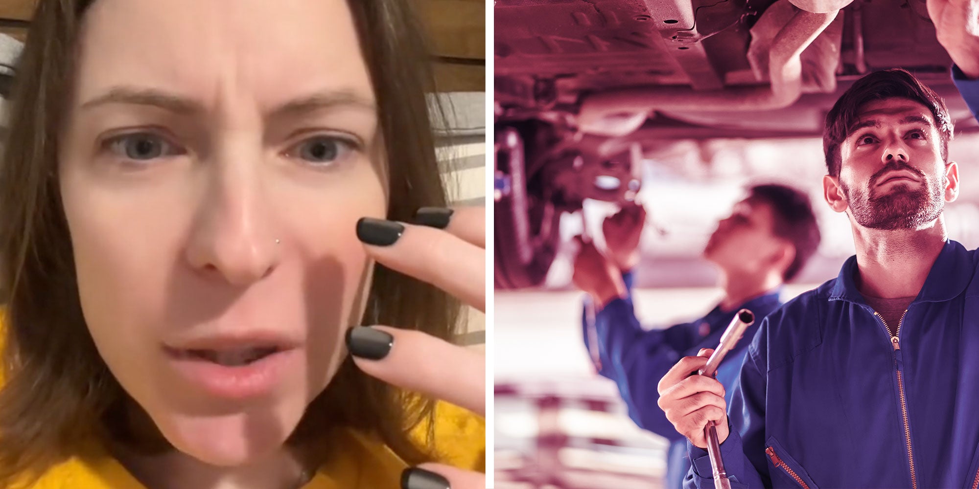 Screenshot of Tiktok user @littlemachine89; Photo of Dealership technicians working under a car.